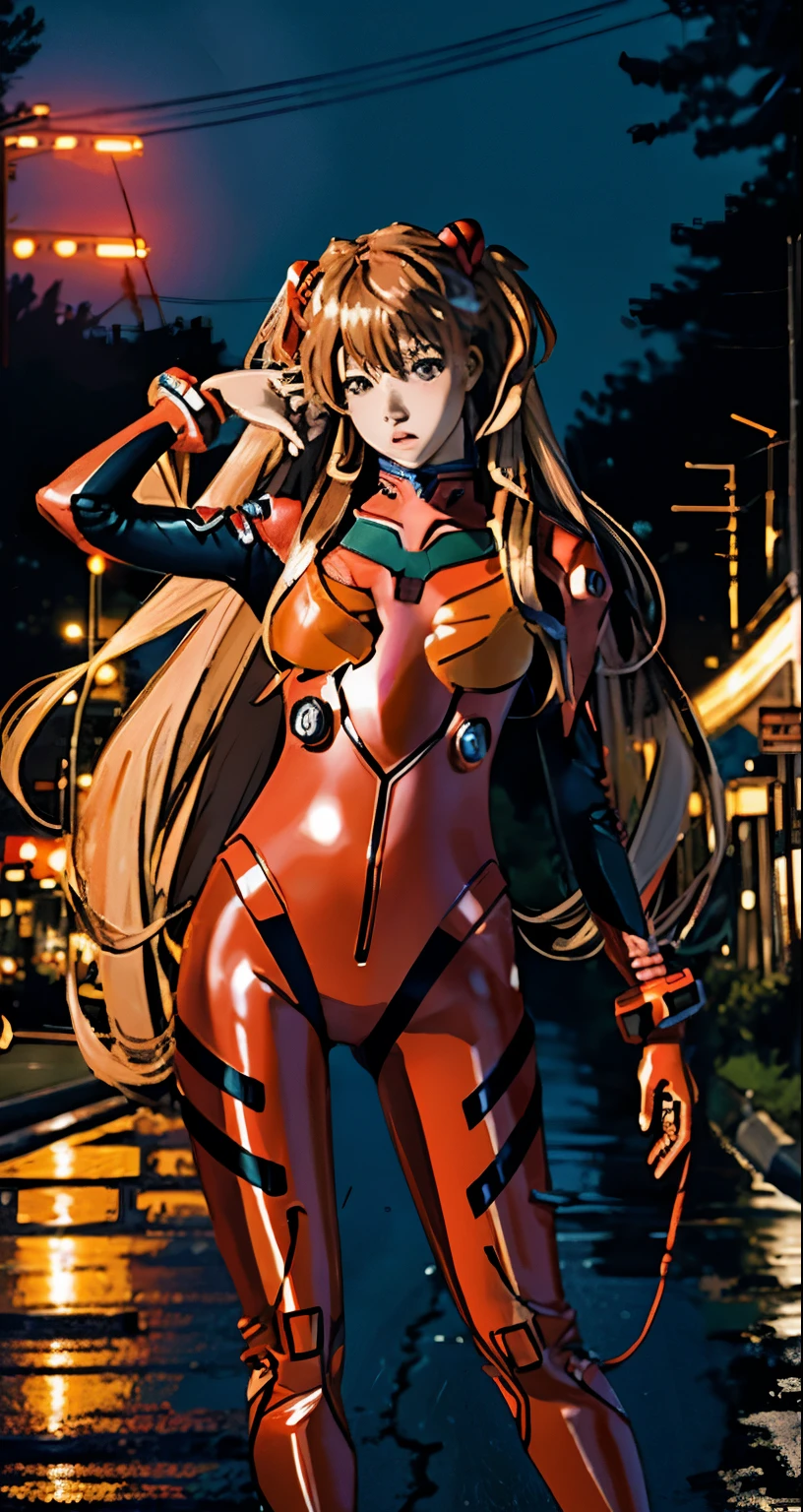 highest quality, master part, realistic, photorealistic, 1 girl, alone, view viewer, whole body, Are standing, long hair, asuka costume, , plug suit, body suit, hair ornaments, detailed background, on the road, night, light, rain, M-shaped legs,tongue out,