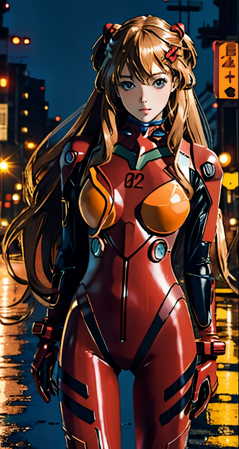 highest quality, master part, realistic, photorealistic, 1 girl, alone, view viewer, whole body, Are standing, long hair, asuka costume, , plug suit, body suit, hair ornaments, detailed background, on the road, night, light, rain, M-shaped legs,tongue out,