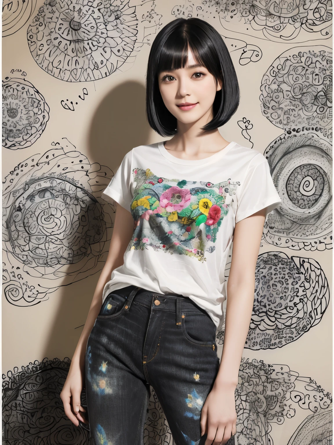 153
(Black Shorthair:1.46), (a 20 yo woman), (A hyper-realistic), (Masterpiece), (8KUHD), (gentle smile), Slender waist, Wearing jeans, ((Floral Clothing - T-Shirts)), Wearing long pants, abstract painting, (doodle:1.46), (brest:1.1), (口紅)