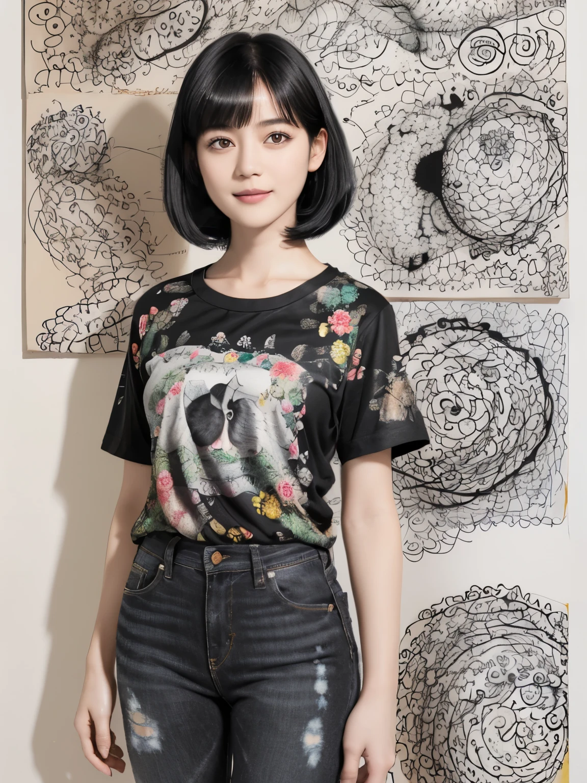 153
(Black Shorthair:1.46), (a 20 yo woman), (A hyper-realistic), (Masterpiece), (8KUHD), (gentle smile), Slender waist, Wearing jeans, ((Floral Clothing - T-Shirts)), Wearing long pants, abstract painting, (doodle:1.46), (brest:1.1), (口紅)