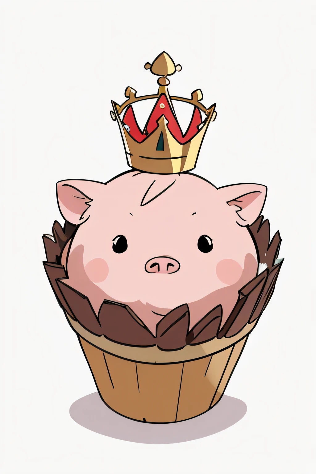 anime style、background color only、background white、no background、1 pig、pig wearing a crown、cute