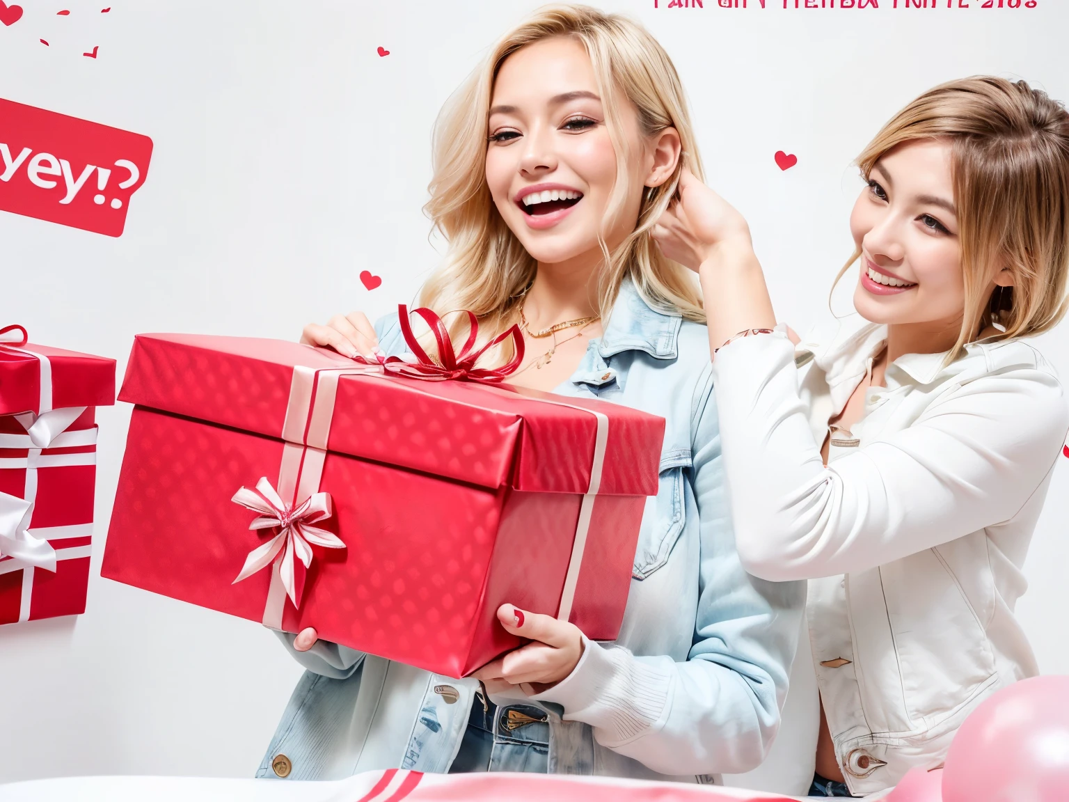 金发Europe and America模特,surprise,American,laugh,happy,Europe and America,拿着Gift、denim jacket女人,denim jacket, Happy birthday, Gift, Coupons ,Coupons ,Partially looking to the left, Sharing photo, celebrate birthday, celebration, Zahari Zograf, Ladies, 🎀 🗡 🍓 🧚, giving Gift to people, rendering, 30 year old woman, lighthearted celebration,two young models,拿着Gift, 周围很多Gift,Gift墙,happy的微笑,穿着denim jacket,denim jacket,Holiday Sale,promotional,denim jacket