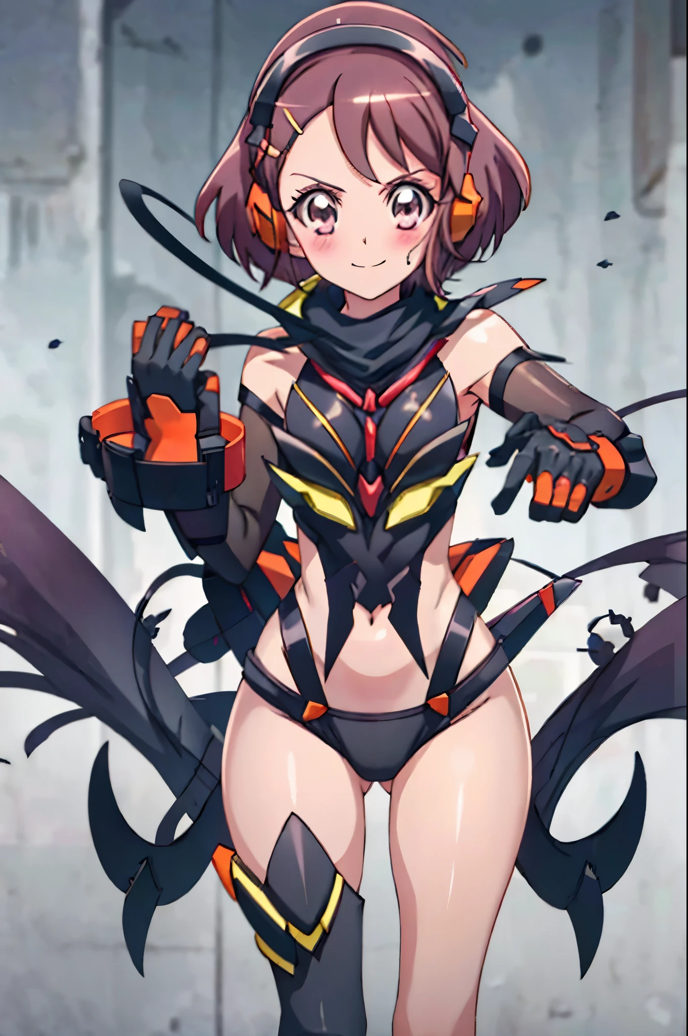 1girl, solo, smile, standing, upper body, (Hanadera Nodoka), (extremely detailed CG), (best quality), perfect face, shiny skin, lustrous skin, wide hips, narrow waist, finely detailed eyes, ignitemodule, headgear, navel, gloves, scarf, bodysuit, headphones, gauntlets, clothing cutout, navel cutout, boots, elbow gloves, thighhighs, hair ornament, armor, looking at viewer, fighting stance, blushed,