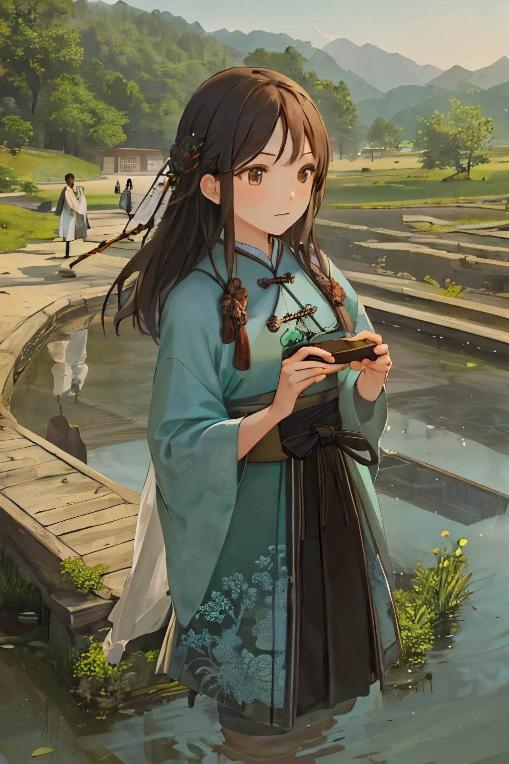 In the heart of Chinese landscape painting, a high-definition, large-scale masterpiece unfolds. With intricate details and stunning realism, the painting brings the beauty of nature to life. Solo figures, dressed in traditional clothing, wander amongst the rolling hills, mountains, and serene waters. The environment subtly shifts, revealing a profound connection between the people and their surroundings. The poses of the figures are carefully captured, each exhibiting a unique expression and stance. What started as a still image transforms into a dynamic scene, full of emotion and depth. Immerse yourself in the exquisite details of this top-quality, exquisitely rendered artwork.