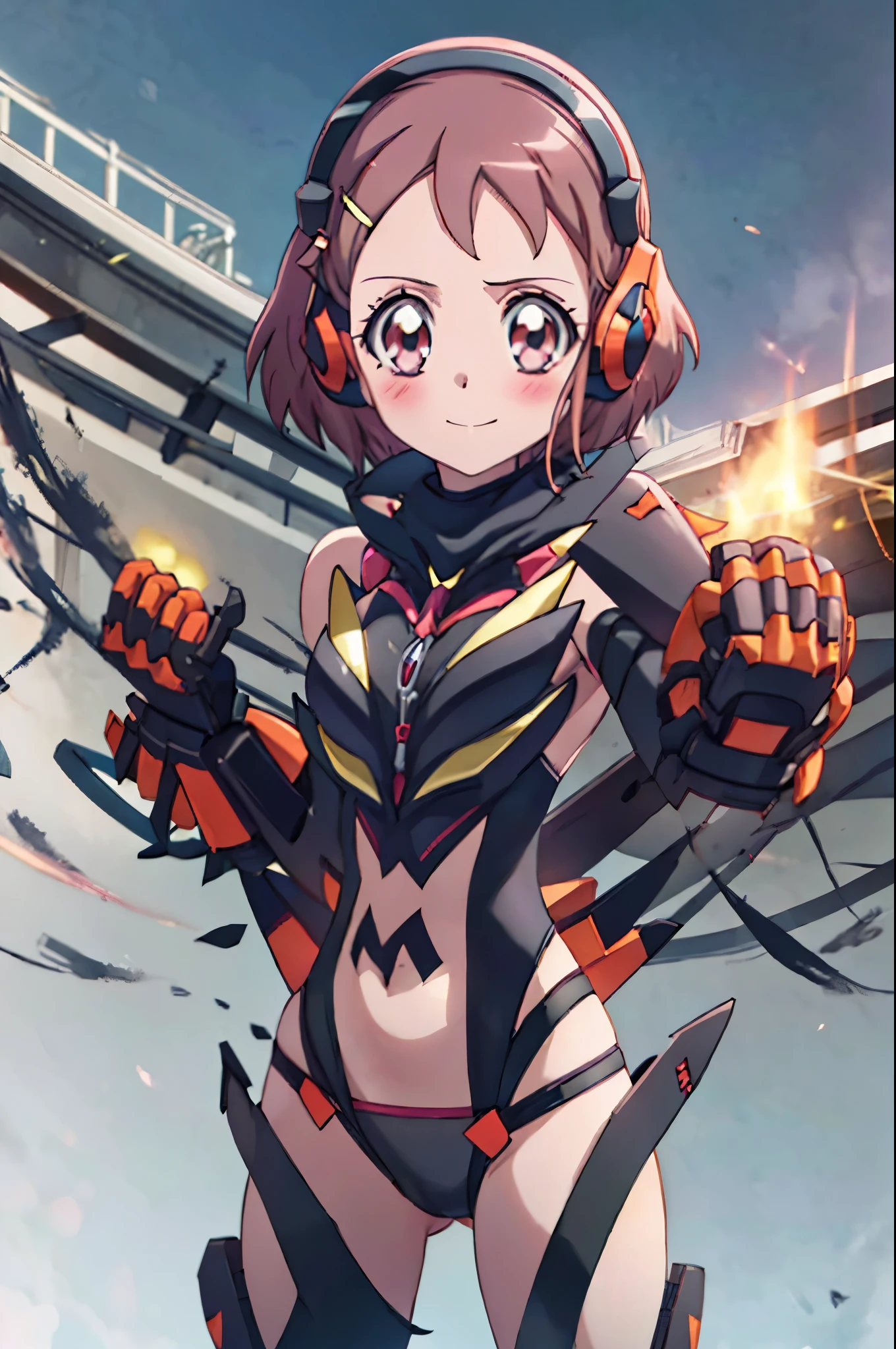 1girl, solo, smile, standing, upper body, (Hanadera Nodoka), (extremely detailed CG), (best quality), perfect face, shiny skin, lustrous skin, wide hips, narrow waist, finely detailed eyes, ignitemodule, headgear, navel, gloves, scarf, bodysuit, headphones, gauntlets, clothing cutout, navel cutout, boots, elbow gloves, thighhighs, hair ornament, armor, looking at viewer, fighting stance, blushed,