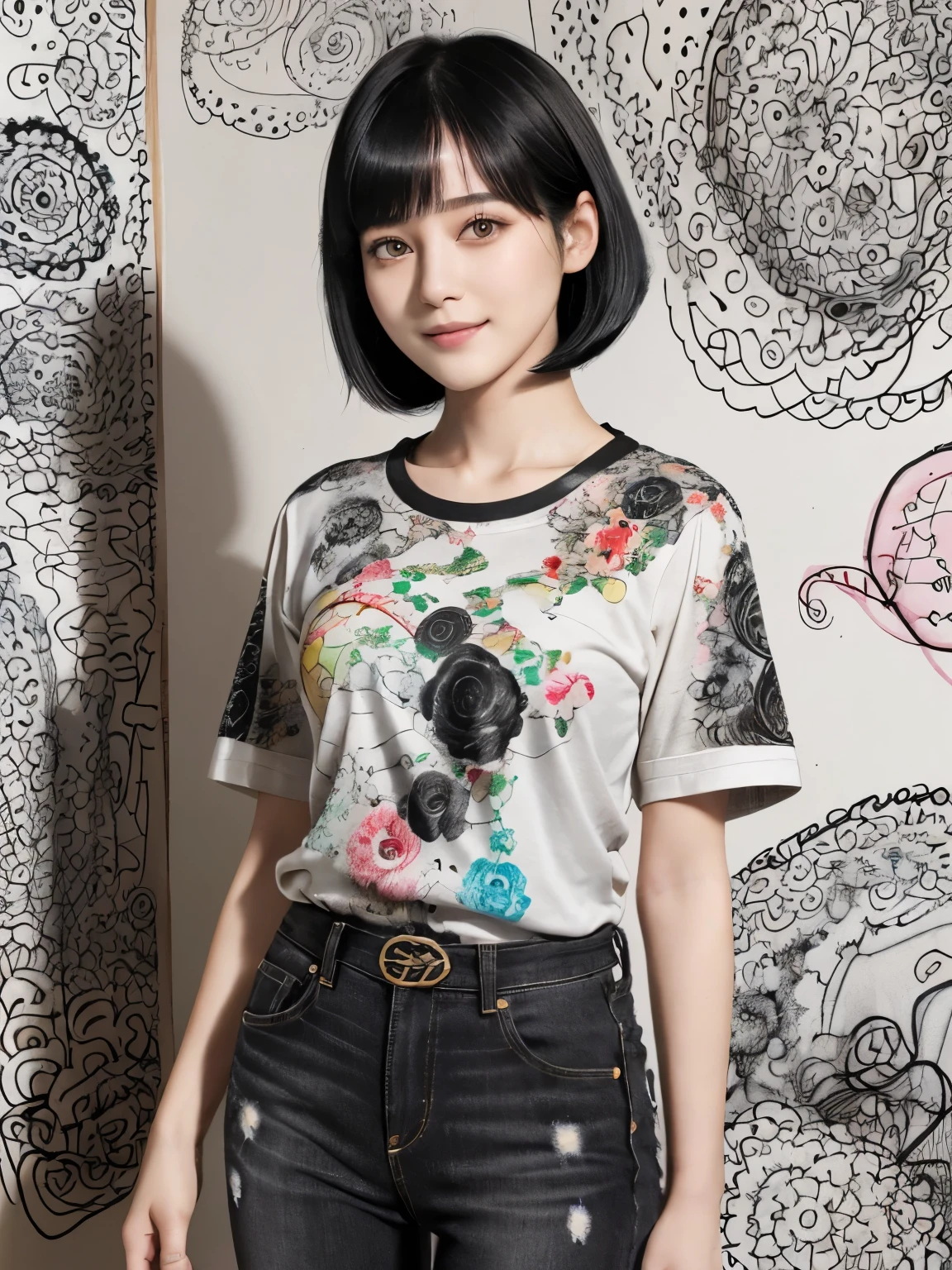 153
(Black Shorthair:1.46), (a 20 yo woman), (A hyper-realistic), (Masterpiece), (8KUHD), (gentle smile), Slender waist, Wearing jeans, ((Floral Clothing - T-Shirts)), Wearing long pants, abstract painting, (doodle:1.46), (brest:1.1), (口紅)