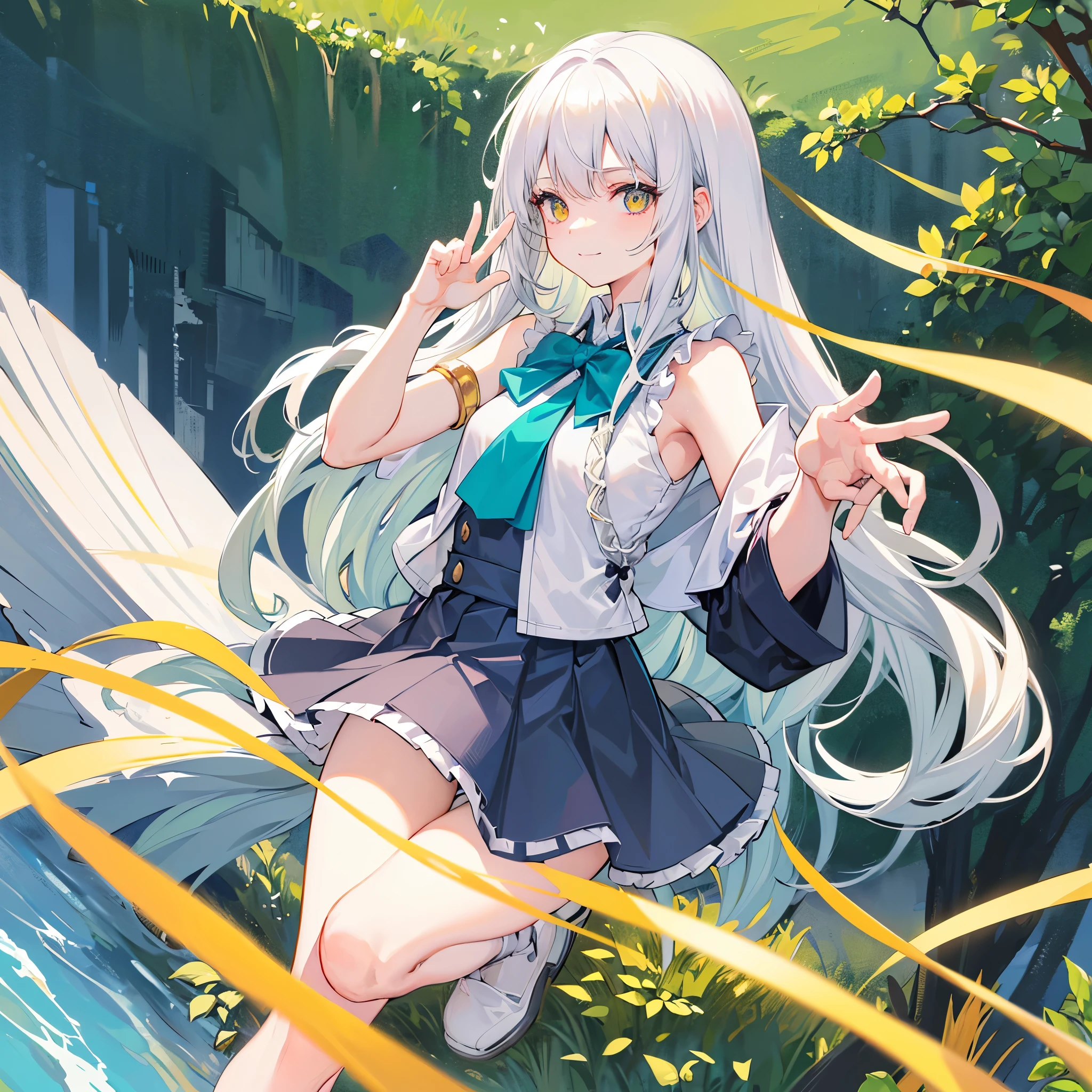 white haired young woman, ,;;;;;;;;, golden eyes, long hair,Green braid tied in bows left and right........,, Wear a blue sleeveless shirt......button up. white short skirt, walking on grass...With a slightly smiling face..Two-finger pose