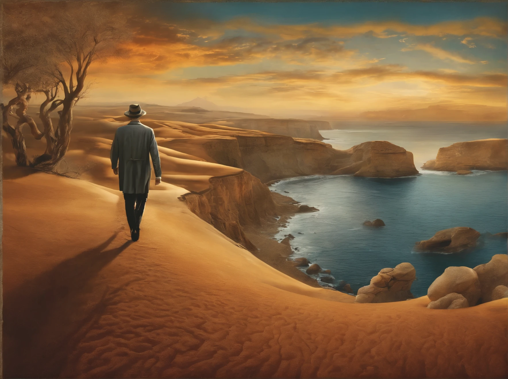 Surreal and thought-provoking illustration of a person walking through different timelines, representing the concept of time and self-discovery. Detailed artwork with intricate details and symbolism, inspired by Salvador Dali's style. Use of warm colors to represent confidence and cool tones for reflection. A powerful piece that captures the complexity of life's journey