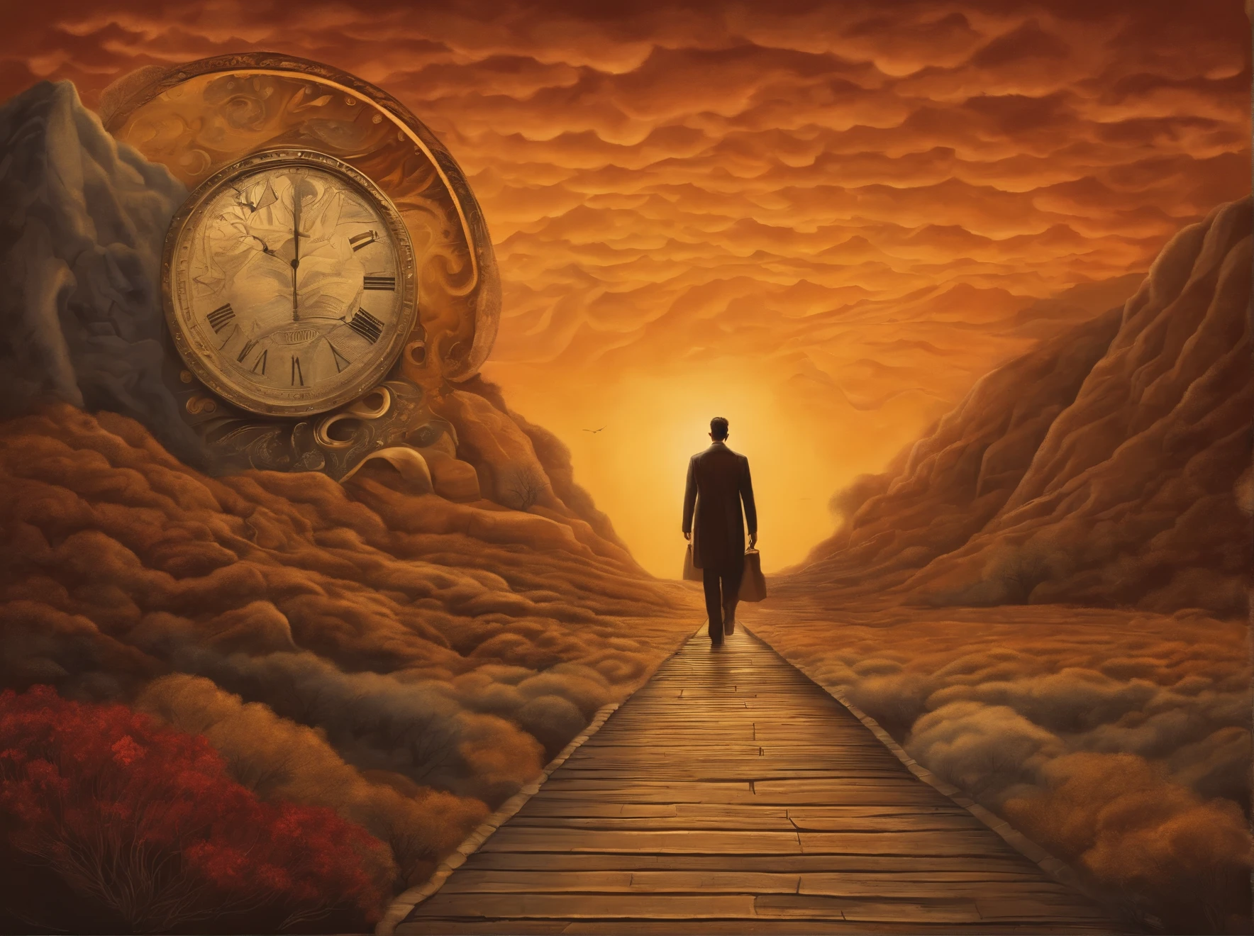 Surreal and thought-provoking illustration of a person walking through different timelines, representing the concept of time and self-discovery. Detailed artwork with intricate details and symbolism, inspired by Salvador Dali's style. Use of warm colors to represent confidence and cool tones for reflection. A powerful piece that captures the complexity of life's journey