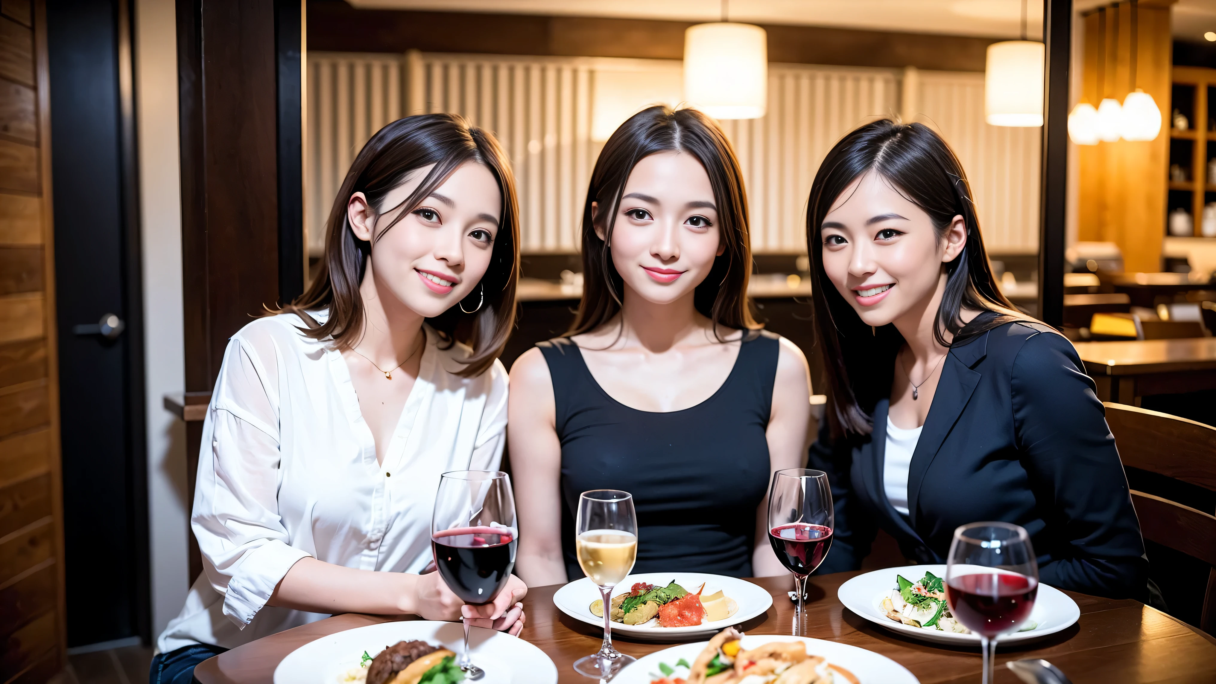 64k, UHD, highest quality, masterpiece: 1.2), (realistic, photorealistic: 1.37), Super detailed, celebration party、party of 5、3 women who love wine、2 males、sparkling glass、Japanese sake、Shochu、champagne、Sparkling wine、winter night、restaurantでワイン宴会、(slimな男女4名),(Wine party for 5 people)、(slimフェイス),Happy、 最高なsmile、Fox Face、Berry Short、(because I&#39;thin), (brown hair), (shortcut), long sleeve shirt、winter fashion、Japanese、Dutch、German、Portuguese、Belgian、Italian、french, (gush), (slimボティ), (brown hair), (shortcut), Neat beauty、cheeks blush a little, (36 years old), 38 years old, alone, A beautiful and detailed night view spreads out outside the window..., restaurant, wine glassが座っている, At night, in a prominent place (from the Upper body) nova frog style, actress, model, Upper body, White wine, slim, wine glass, very beautiful night view, wine glass Put in the Middle, Happy smile, (smile: 1.15), 