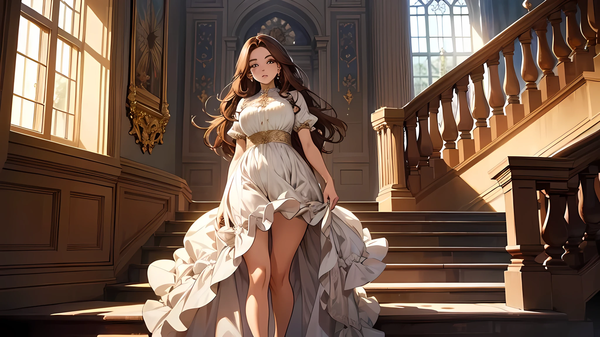 a beautiful girl, thick brown hair, brown eyes, plump lips, face detailed, masterpiece, best quality, gorgeous, a princess walking down stairs, stair, elegant, dress, inside a castle, beautiful, full body, detailed dress, gold, white dress, perfect face, expressive eyes, cute,elegant, a beautiful girl, thick brown hair, brown eyes, plump lips, face detailed, Pardon my intrusion. Guided by the female secretary, Valeria stepped into the head director’s office