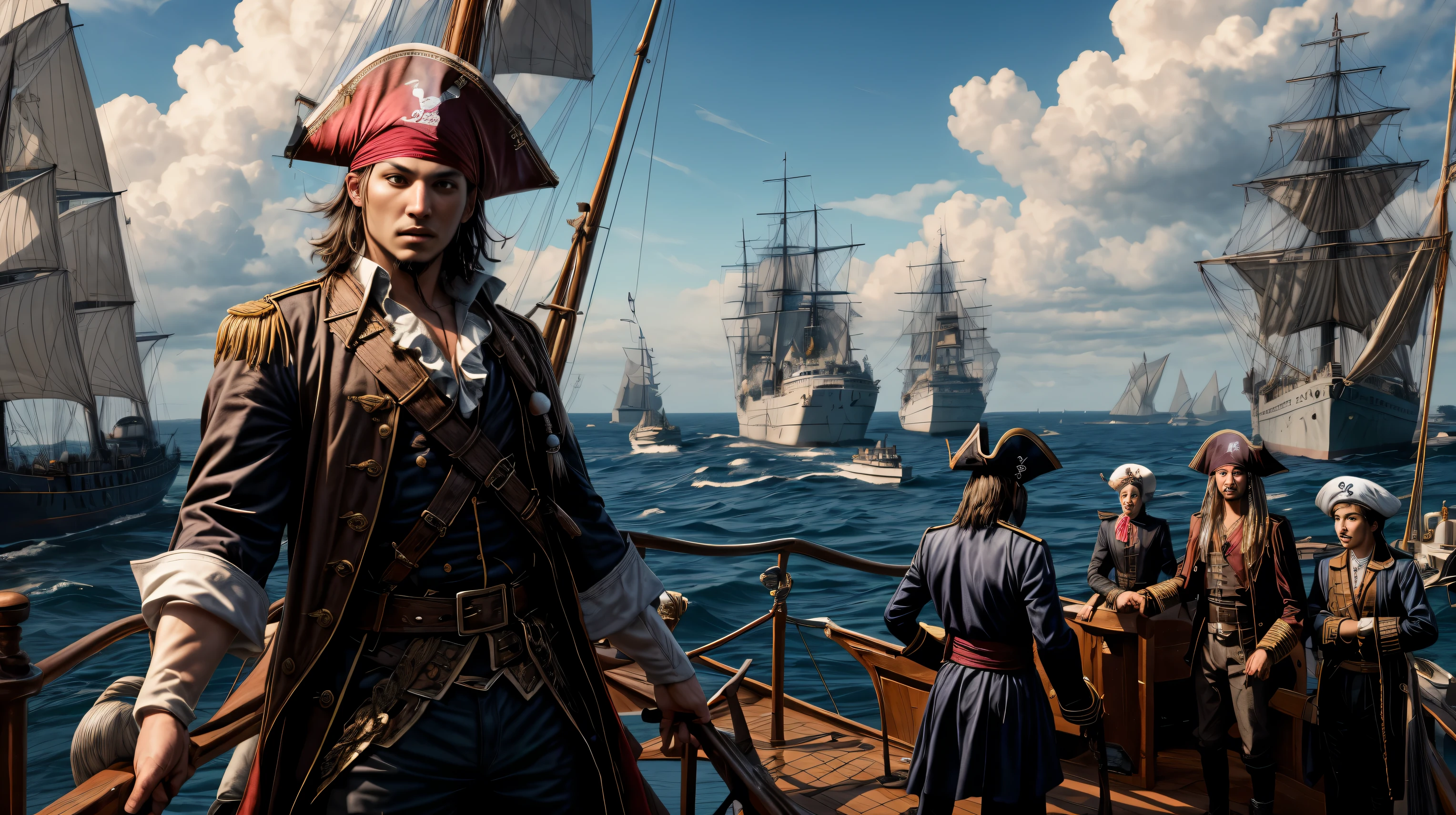 Imagine a pirate with sailors on a large warship, ready to plunder other ships