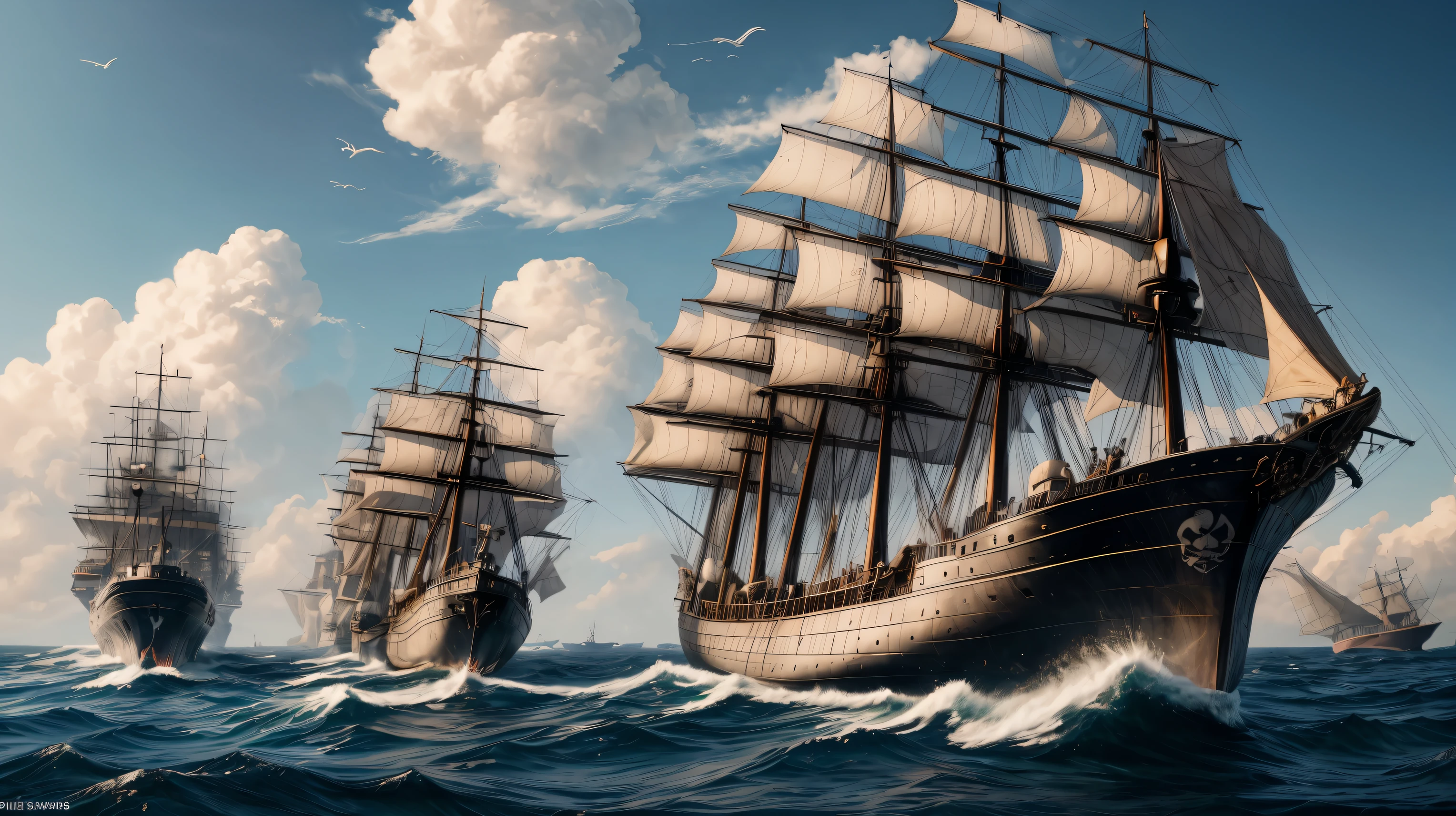 Imagine a pirate with sailors on a large warship, ready to plunder other ships