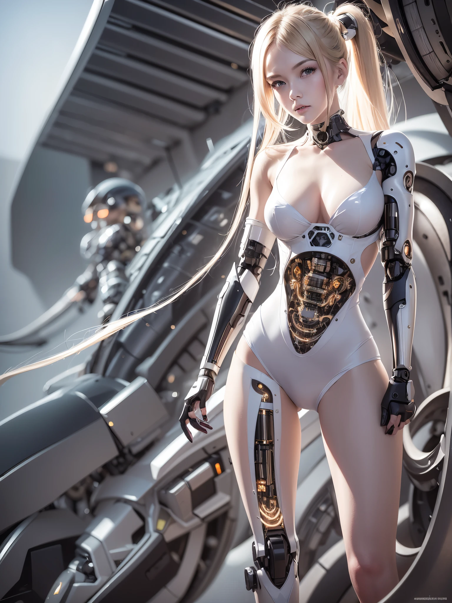 a cyborg girl, realistic cyborg girl in the middle of battle, detail realistic, porcelain skin, very pale skin, very beautiful, blonde hair, some scratch on skin, many mechanical body organs, expose chest and belly, hands and legs are cyborg full-body, background battlefield