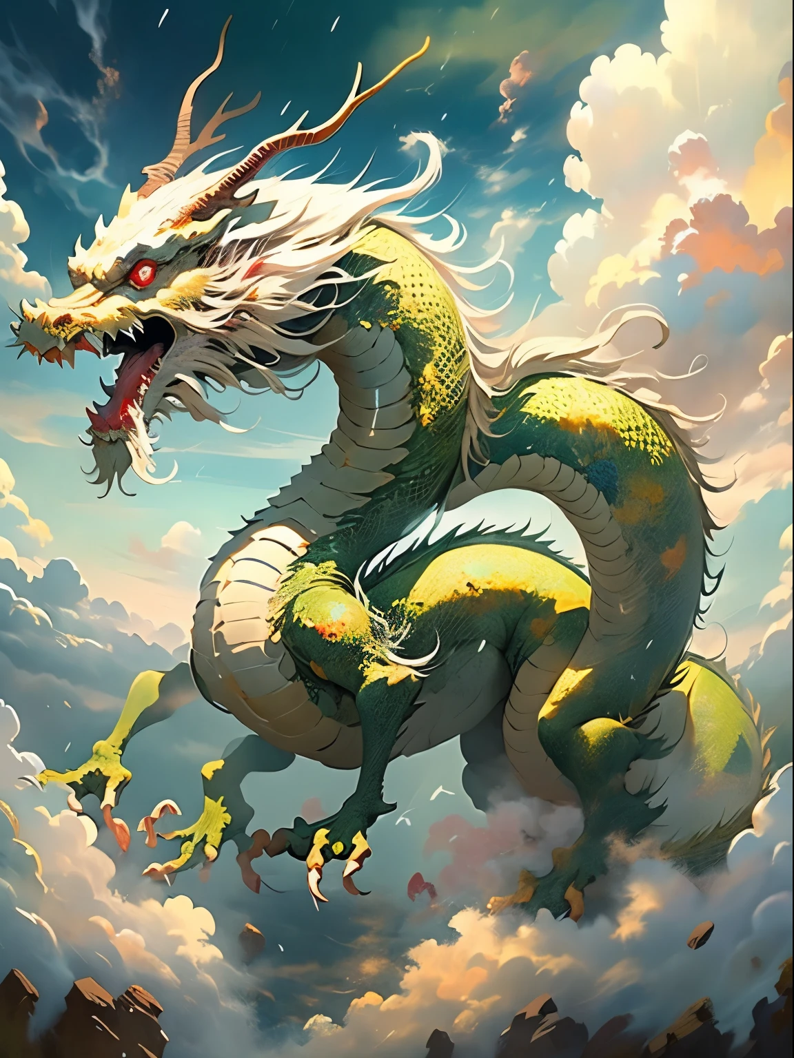 Best quality,masterpiece,ultra high res, (long:1.2),no humans, cloud, red eyes, (lighting horns), open mouth, sky, fangs, eastern dragon, cloudy sky, teeth, flying in the sky, raining,