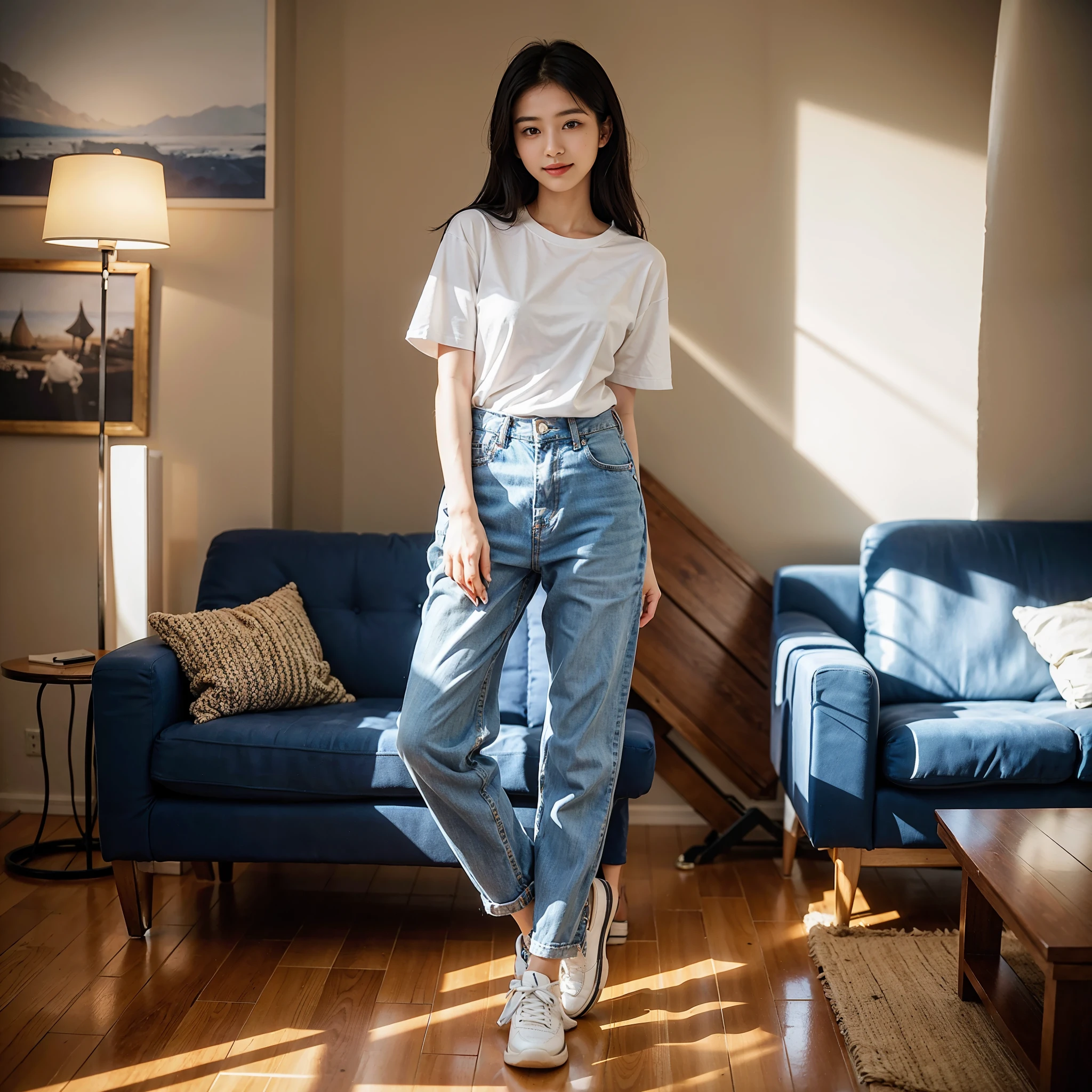 Create an image of a 20-year-old Asian beauty queen with a beautiful face, a slight smile, a symmetrical face, good complexion, slightly visible pores, realistic, Very realistic , full body, wearing a navy blue T-shirt, casual pants, and white sneakers. Stand on the floor in a condominium living room. Modern style decoration At the back is a multi-purpose room.