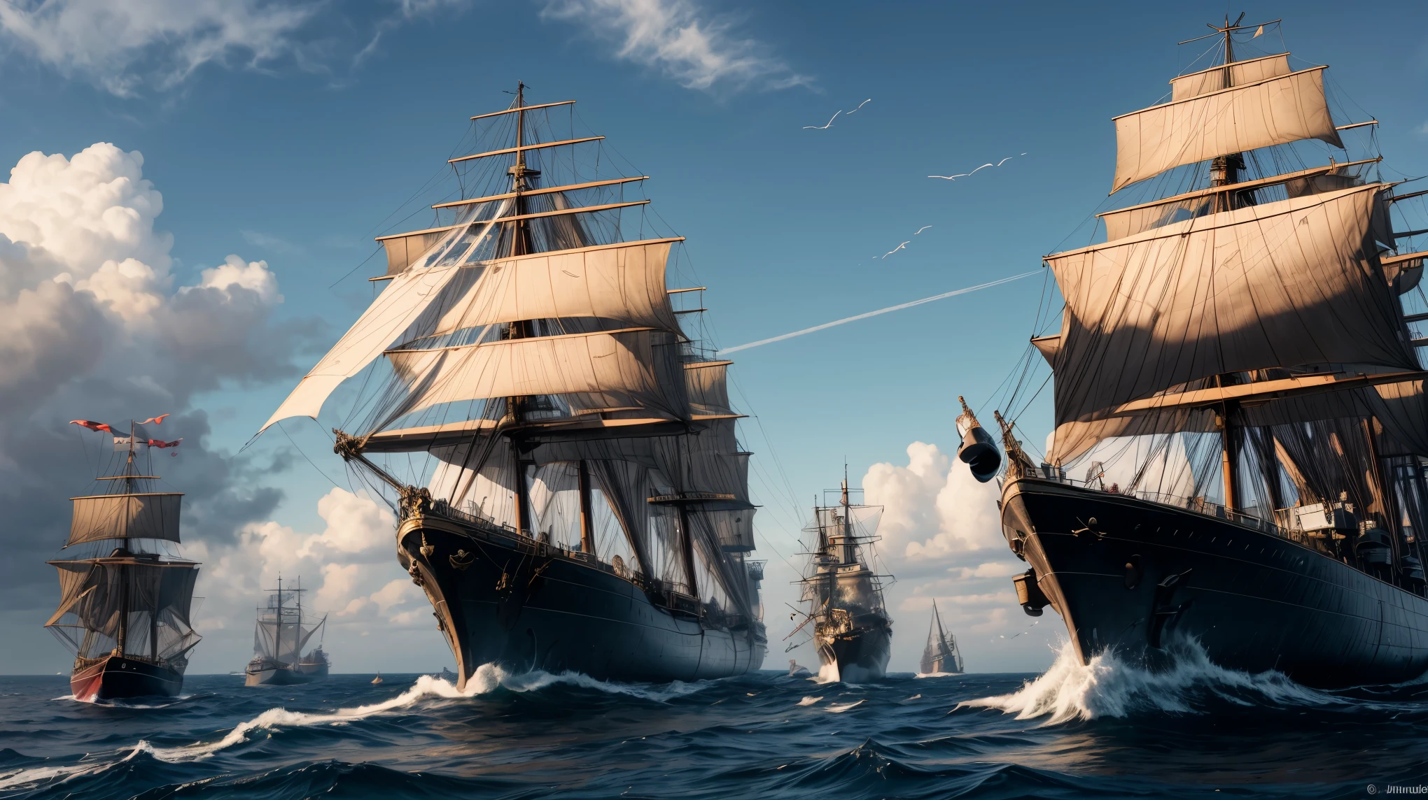 Imagine a pirate with sailors on a large warship, ready to plunder other ships