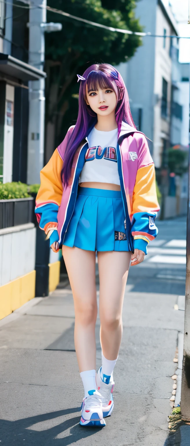 cyber idol girl、Full body Esbian、track jacket、、colorful hair、cyber town