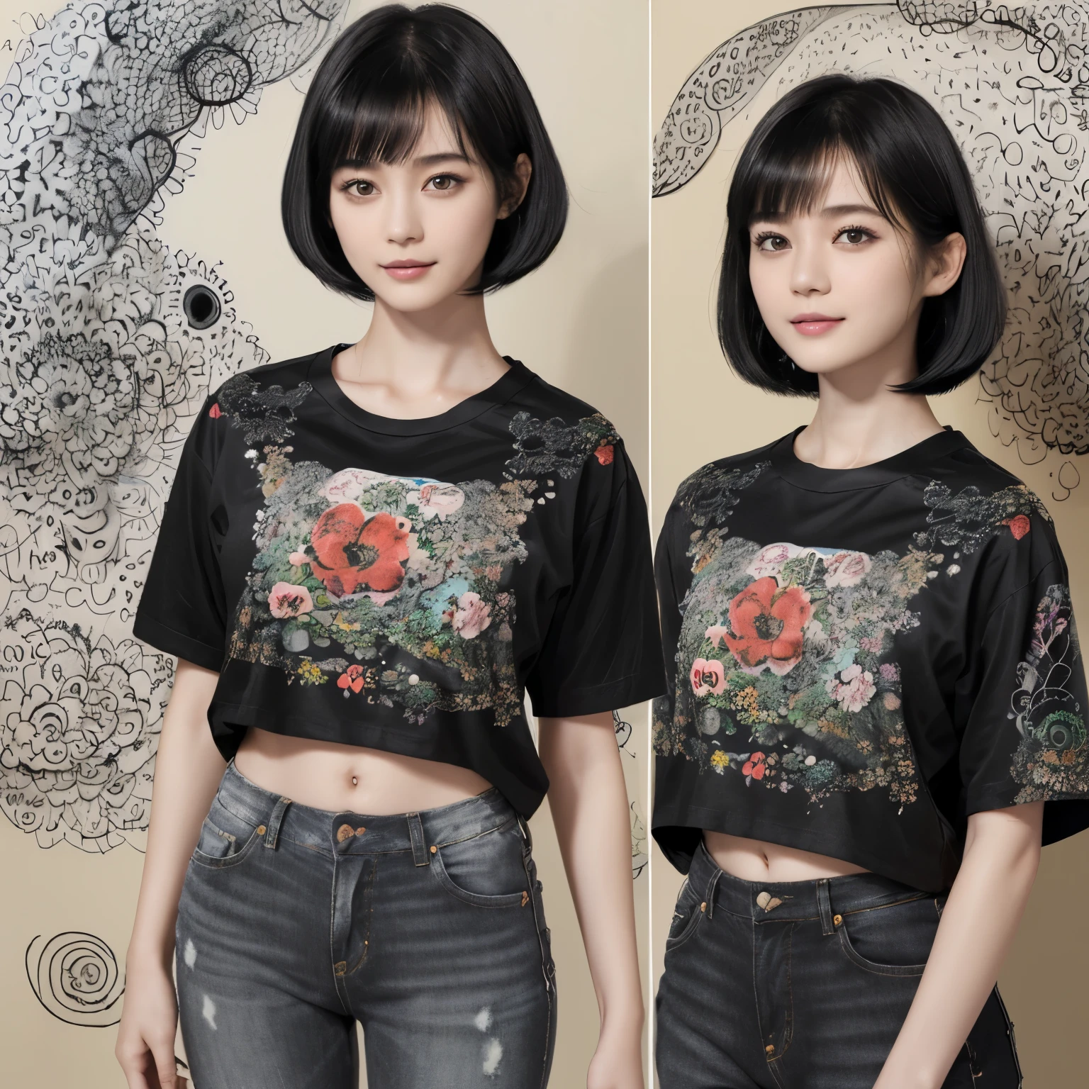 153
(Black Shorthair:1.46), (a 20 yo woman), (A hyper-realistic), (Masterpiece), (8KUHD), (gentle smile), Slender waist, Wearing jeans, ((Floral Clothing - T-Shirts)), Wearing long pants, abstract painting, (doodle:1.46), (brest:1.1), (口紅)