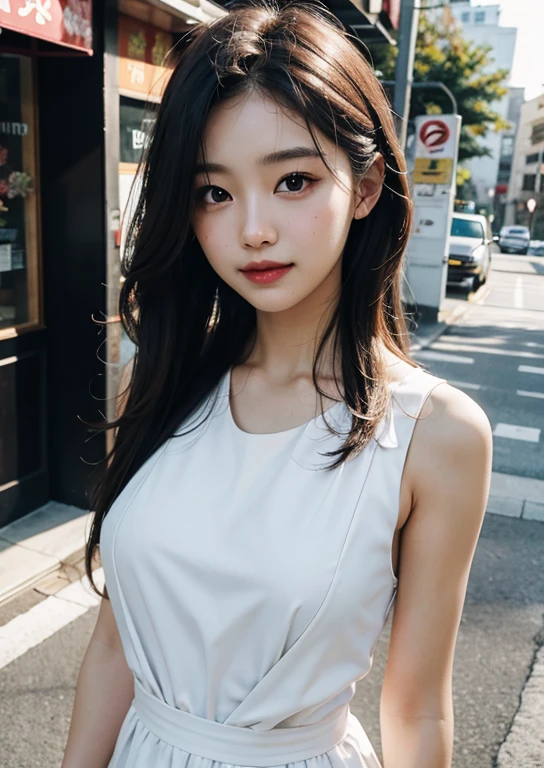 table top, highest quality, figure, super detailed, finely, High resolution, 8k wallpaper, 完璧なダイナミックな構figure, beautiful and fine eyes, dress,medium hair, middle of chest, natural color lip, random sexy poses,smile,Aoyama Street Walk、20 year old girl