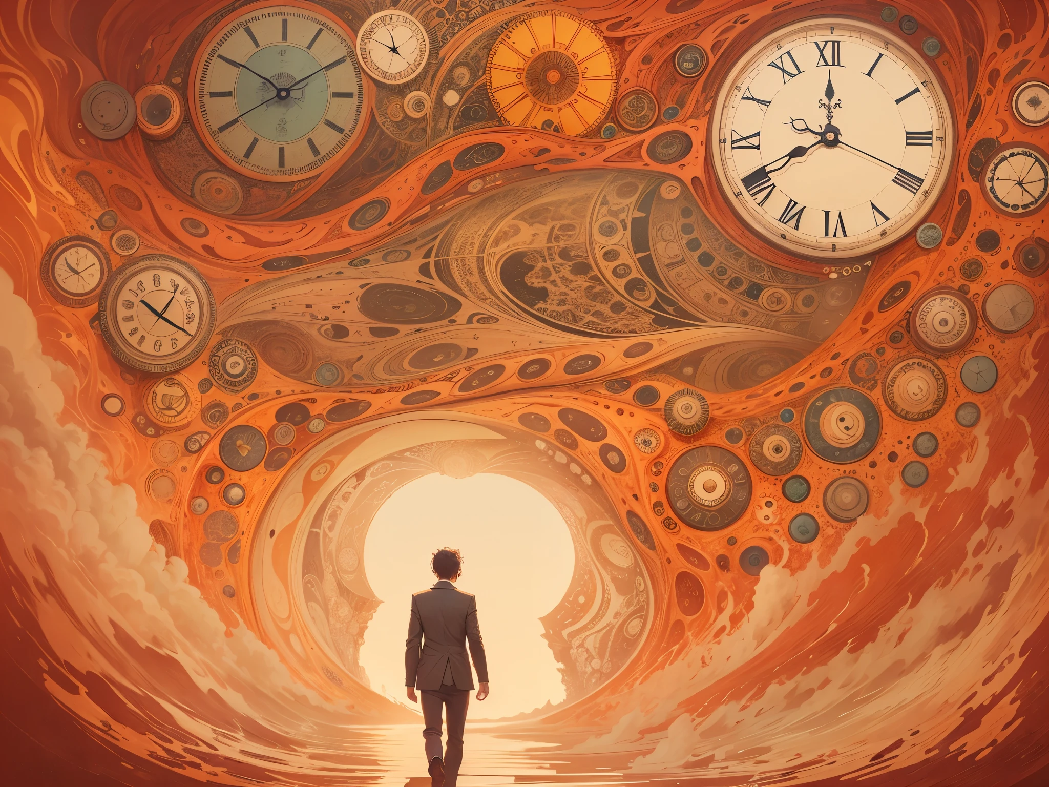 Surreal and thought-provoking illustration of a person walking through different timelines, representing the concept of time and self-discovery. Detailed artwork with intricate details and symbolism, inspired by Salvador Dali's style. Use of warm colors to represent confidence and cool tones for reflection. A powerful piece that captures the complexity of life's journey