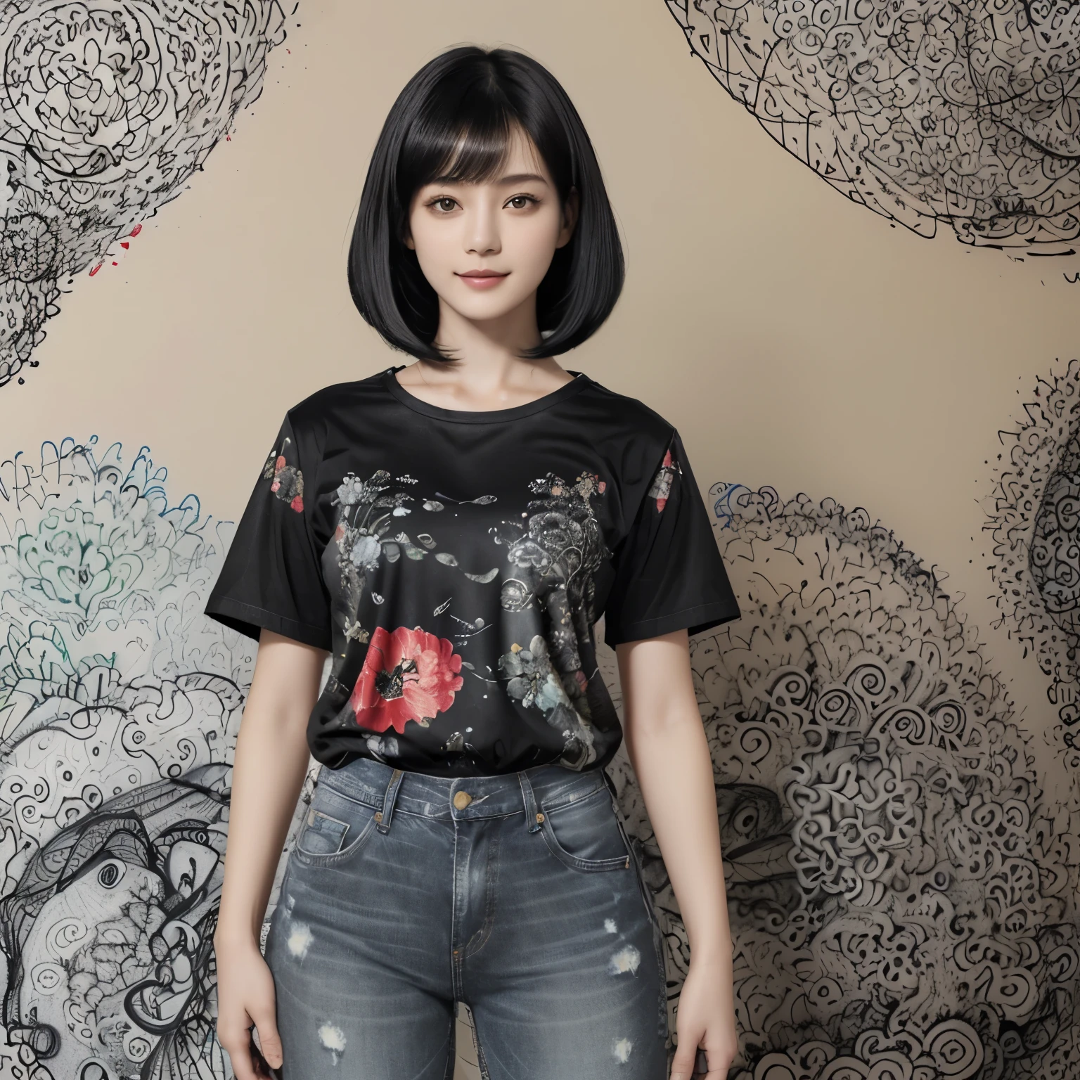153
(Black Shorthair:1.46), (a 20 yo woman), (A hyper-realistic), (Masterpiece), (8KUHD), (gentle smile), Slender waist, Wearing jeans, ((Floral Clothing - T-Shirts)), Wearing long pants, abstract painting, (doodle:1.46), (brest:1.1), (口紅)