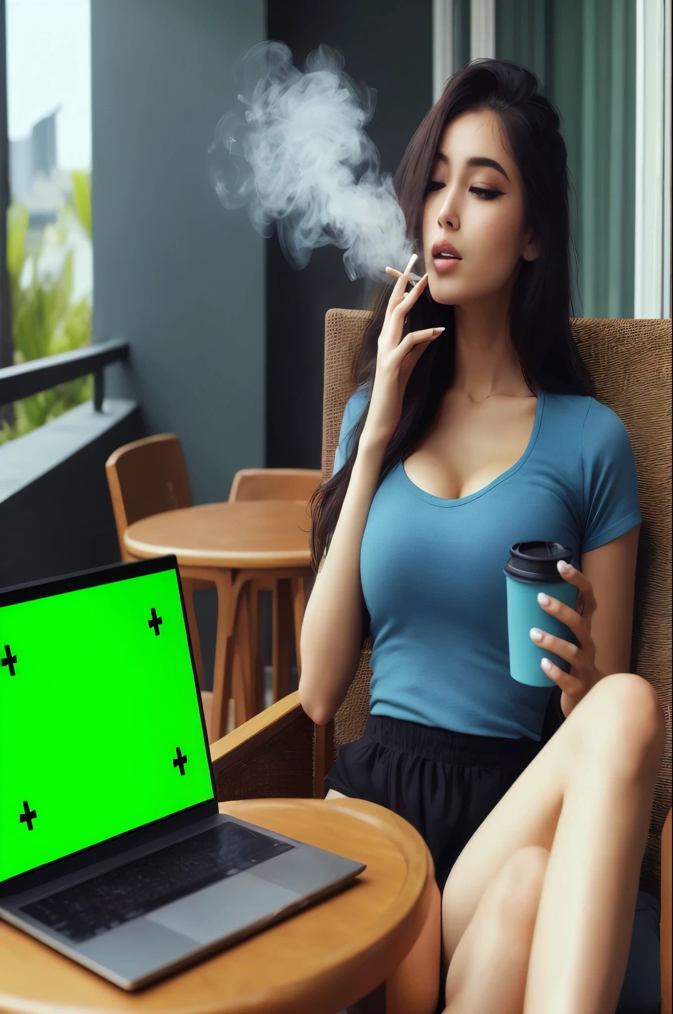 araffe woman sitting in a chair smoking a cigarette and holding a cup of coffee, smoking body, green smoke, taking a smoke break, gentle smoke effect, smoking, smoking with squat down pose, dramatic smoking pose, 4k post, 4 k post, hyperrealistic smoke, intense smoke, smoking woman, sexy girl, smoking weed, with smoke, smoking outside