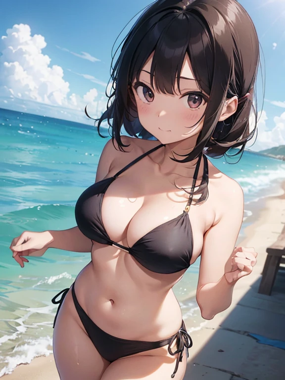 (傑作、高画質、高解像度、不条理、超詳細、高彩度、8k)alone、big、big、Lower chest、perfect body、outstanding style、white micro bikini、emphasize the chest、cleavage、Arms behind、brown eyes、gravure、black hair、forehead、beach、sand、beach