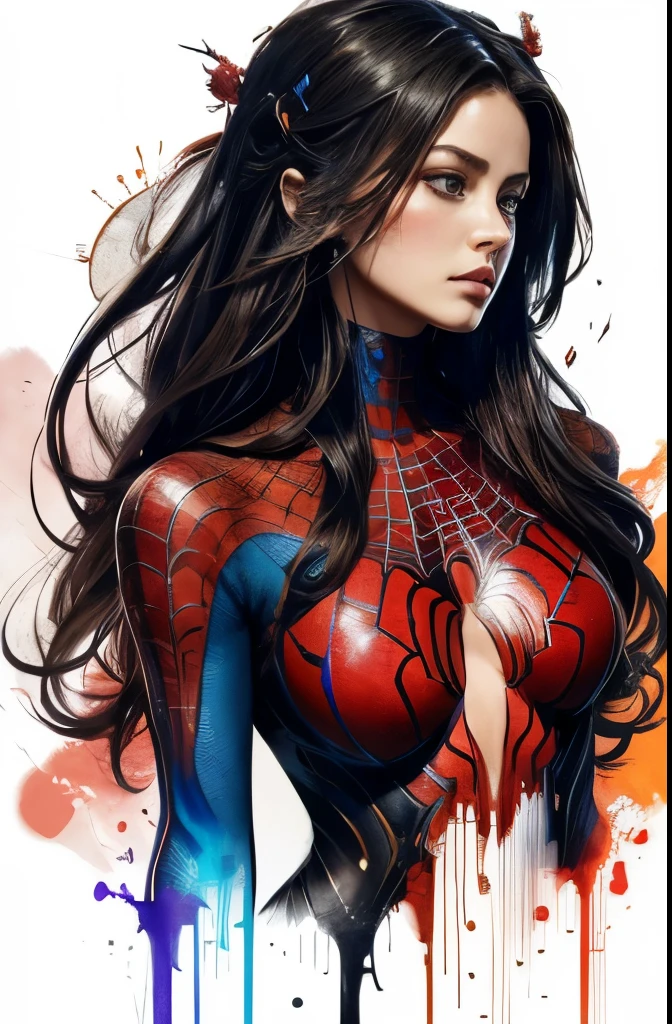 a masterpiece, sticker of a insanely beautiful spidergirl wearing red an blue costume, coy and alluring, full body, uthereal background, freedom, soul, hyperrealistic, uthereal face, cyberpunk, perfect anatomy, centered, approaching perfection, dynamic, highly detailed, watercolor painting, artstation, concept art, smooth, sharp focus, illustration, art by Carne Griffiths and Wadim Kashin, unique, award winning, masterpiece