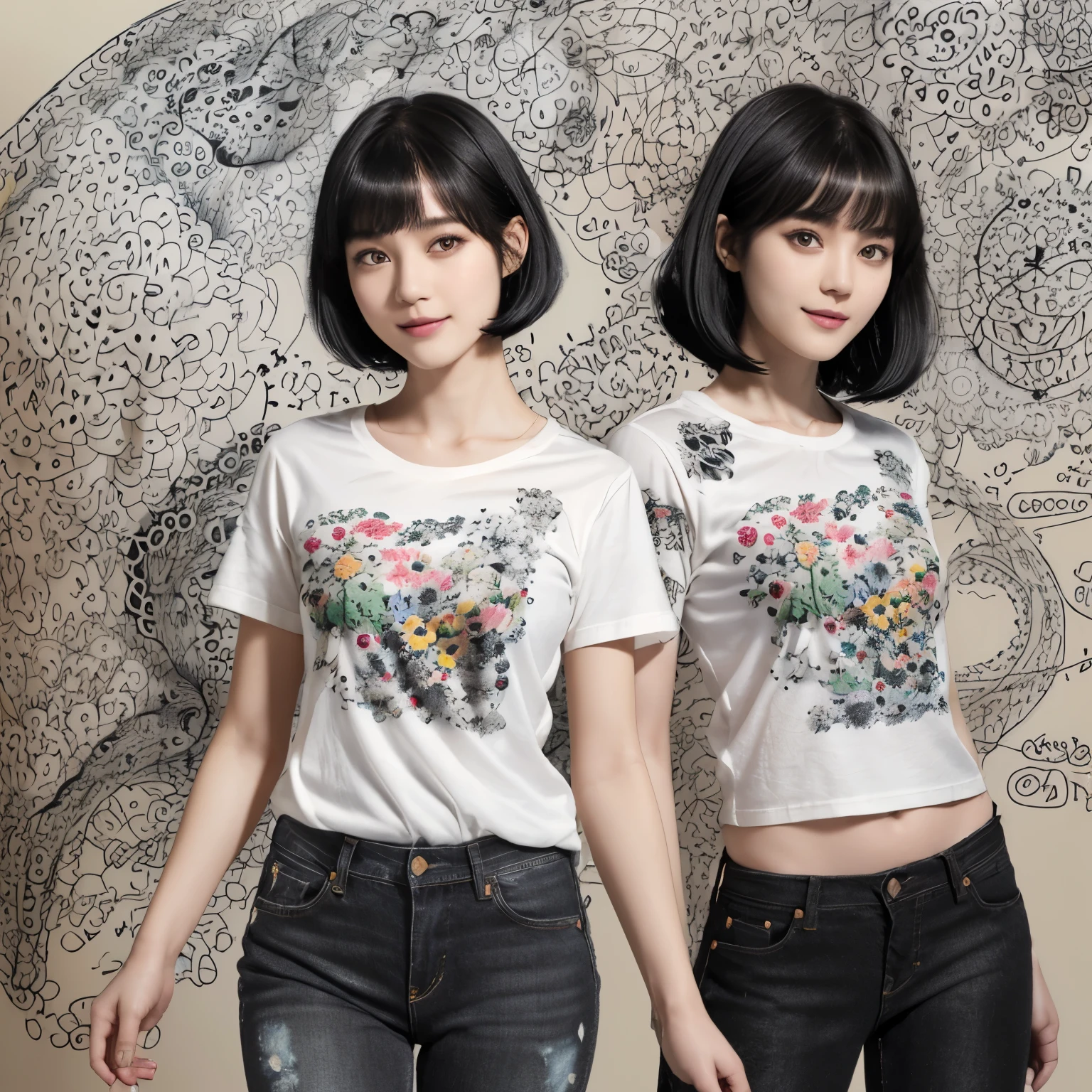 153
(Black Shorthair:1.46), (a 20 yo woman), (A hyper-realistic), (Masterpiece), (8KUHD), (gentle smile), Slender waist, Wearing jeans, ((Floral Clothing - T-Shirts)), Wearing long pants, abstract painting, (doodle:1.46), (brest:1.1), (口紅)