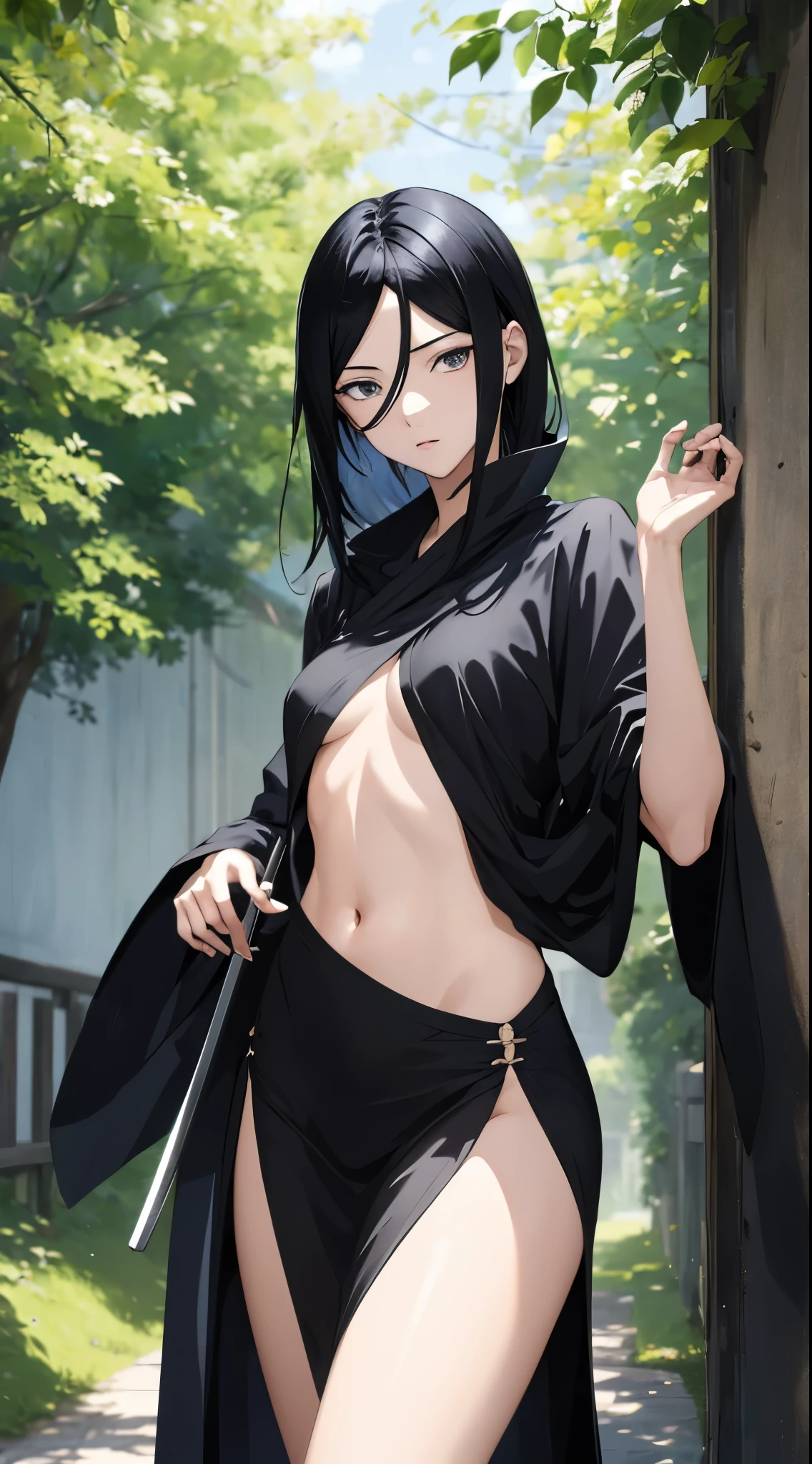 (anime,masterpiece, top quality, Best quality,beautiful and aesthetically pleasing:1.2,professional illustration:1.1,Ultra detail:1.3, Official art, professional illustration, Ultra-detailed image, Ultra-precise image, extremely detailed illustration in 8k resolution, a high resolution, Ultra detailed painting, soft shadows), (girl), Rukia kuchiki \(cosplay\), Cool beauty, mother, glossy, (black hair of medium length), (loose hair), small breasts, perfect body, pubic hair, костюм синигами Rukia kuchiki, katana zanpakuto in sheath