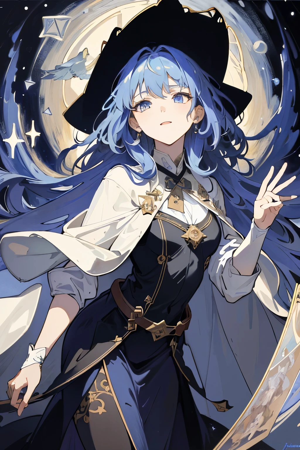 ((masterpiece:1.2, highest quality)), 1 girl, alone, (witch hat), blonde hair, long hair, dress, aurora, night, star (null), gloves, null, white dress, night null, open your mouth, starry null, blue eyes, ribbon, very long hair, red dress, smile, hair ribbon, cape, blue hair, (bird), magic, cast a spell, dark clouds, night, (Impressionism:1.4), (tarot:1.3), Alphonse Mucha,