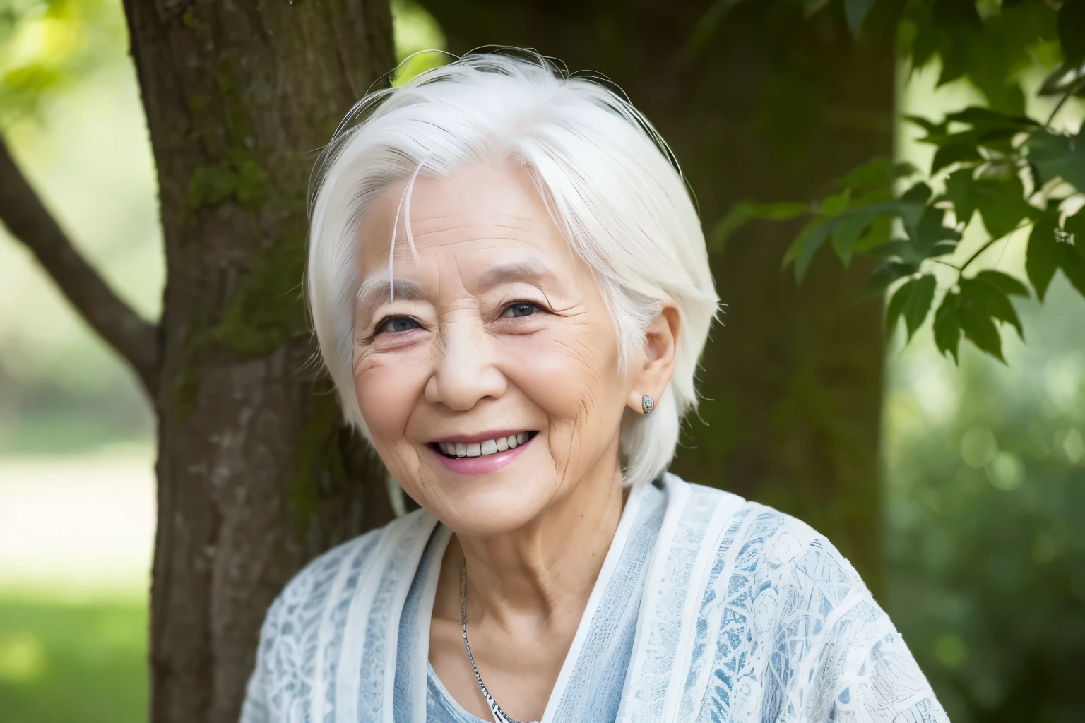 old woman, 90 years, white hair, smile, high detailed real skin, japanese, walking, have a stick, high quality, masterpiece,