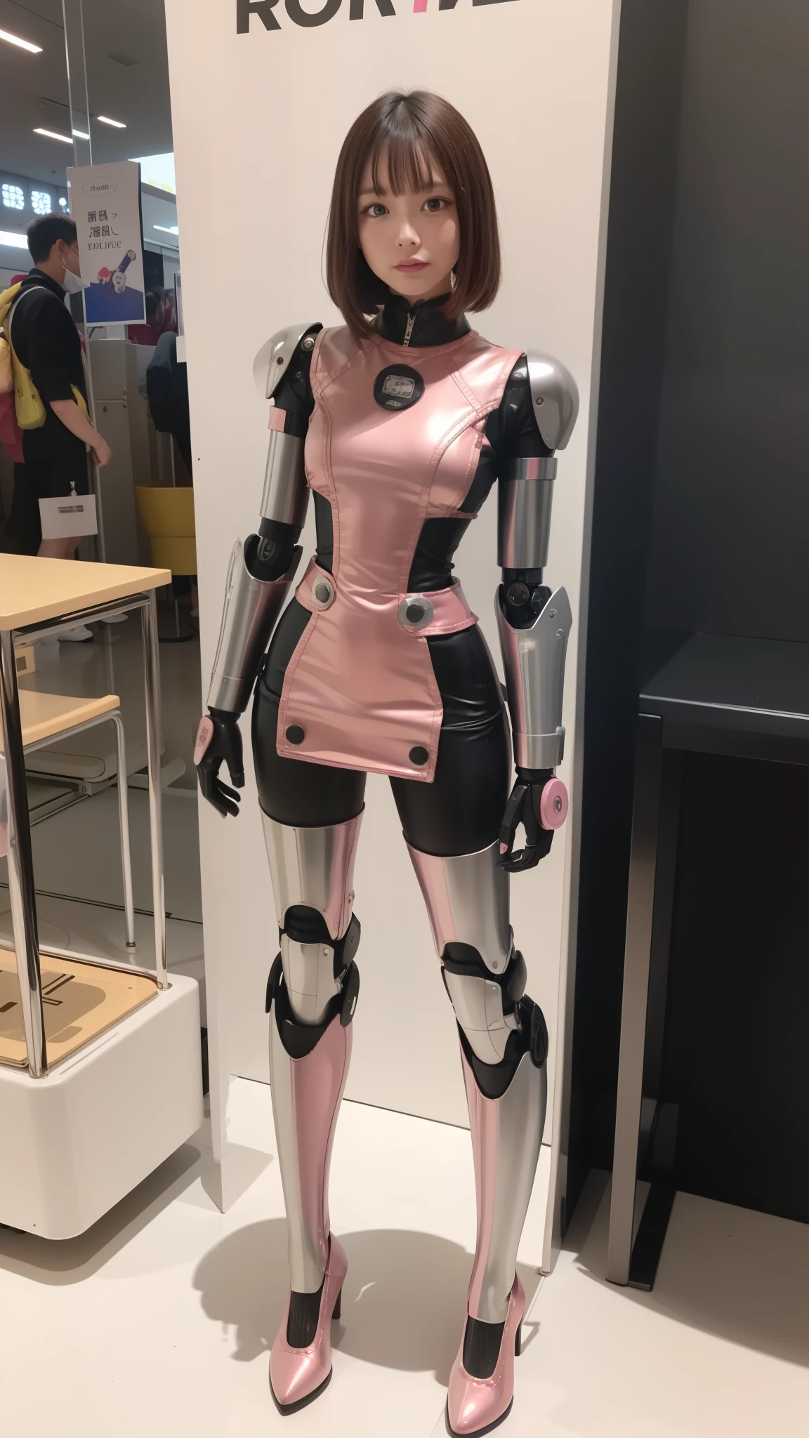 Robot Girl, pink there, Silver, Metallic body, Robot Parts, Metal Parts, Super Detailed Face, Super well-formed face, of the highest quality, a small face, a small head, Brown hair, Slender body, Camera gaze, Internal Mechanical Exposure, Idol, front facing, Well-proportioned body, sale, Exhibited, Event Hall, Moe Pose, pink metallic Lolita dress machine armor, Standing with legs open, Model body type, sad, Embarrassing,(Perfect Robot Girl),(Perfect machine body)