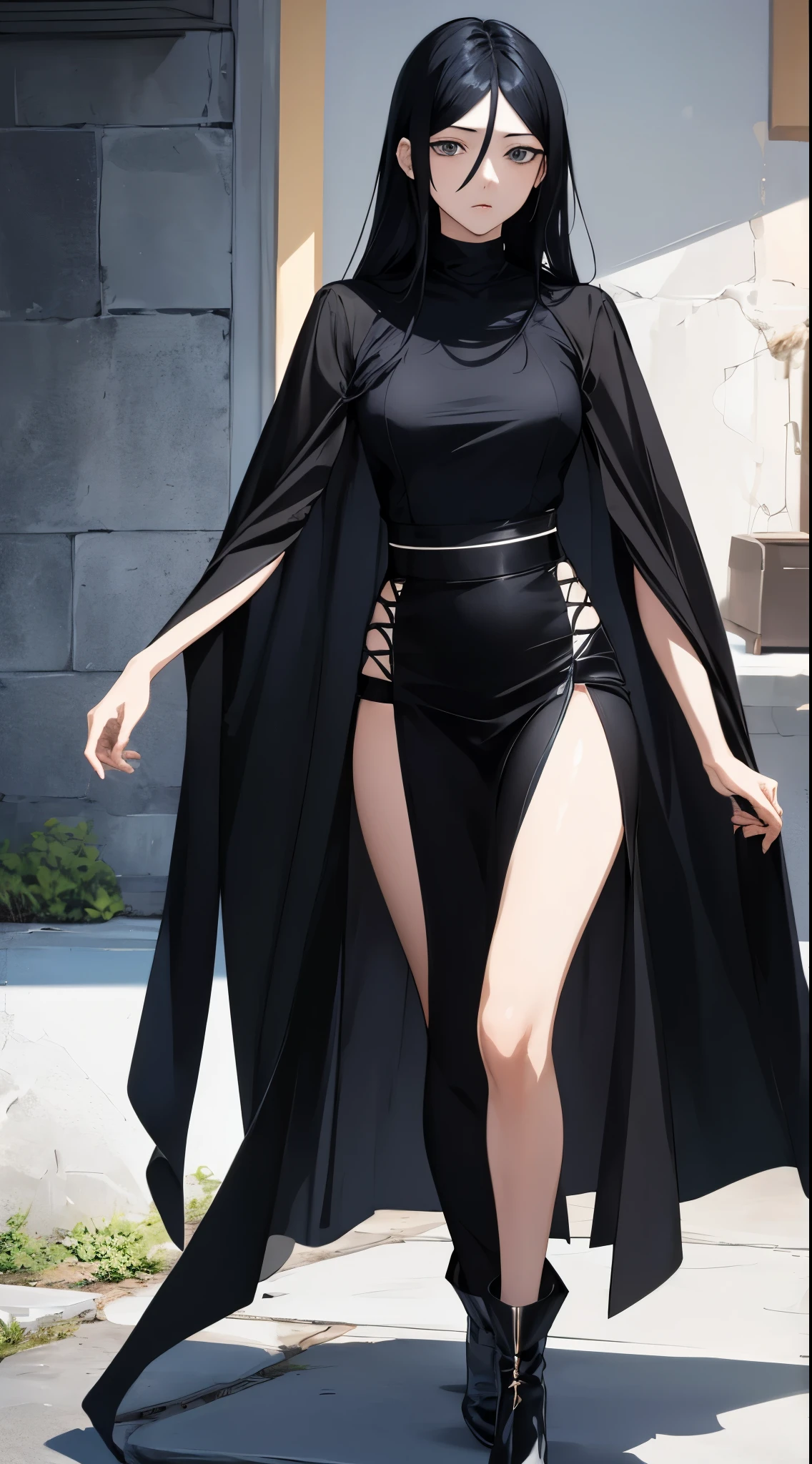 (anime,masterpiece, top quality, Best quality,beautiful and aesthetically pleasing:1.2,professional illustration:1.1,Ultra detail:1.3, Official art, professional illustration, Ultra-detailed image, Ultra-precise image, extremely detailed illustration in 8k resolution, a high resolution, Ultra detailed painting, soft shadows), (girl), Rukia kuchiki \(cosplay\), Cool beauty, mother, glossy, (black hair of medium length), (loose hair), medium breasts, perfect body, pubic hair, кимоно синигами Rukia kuchiki,