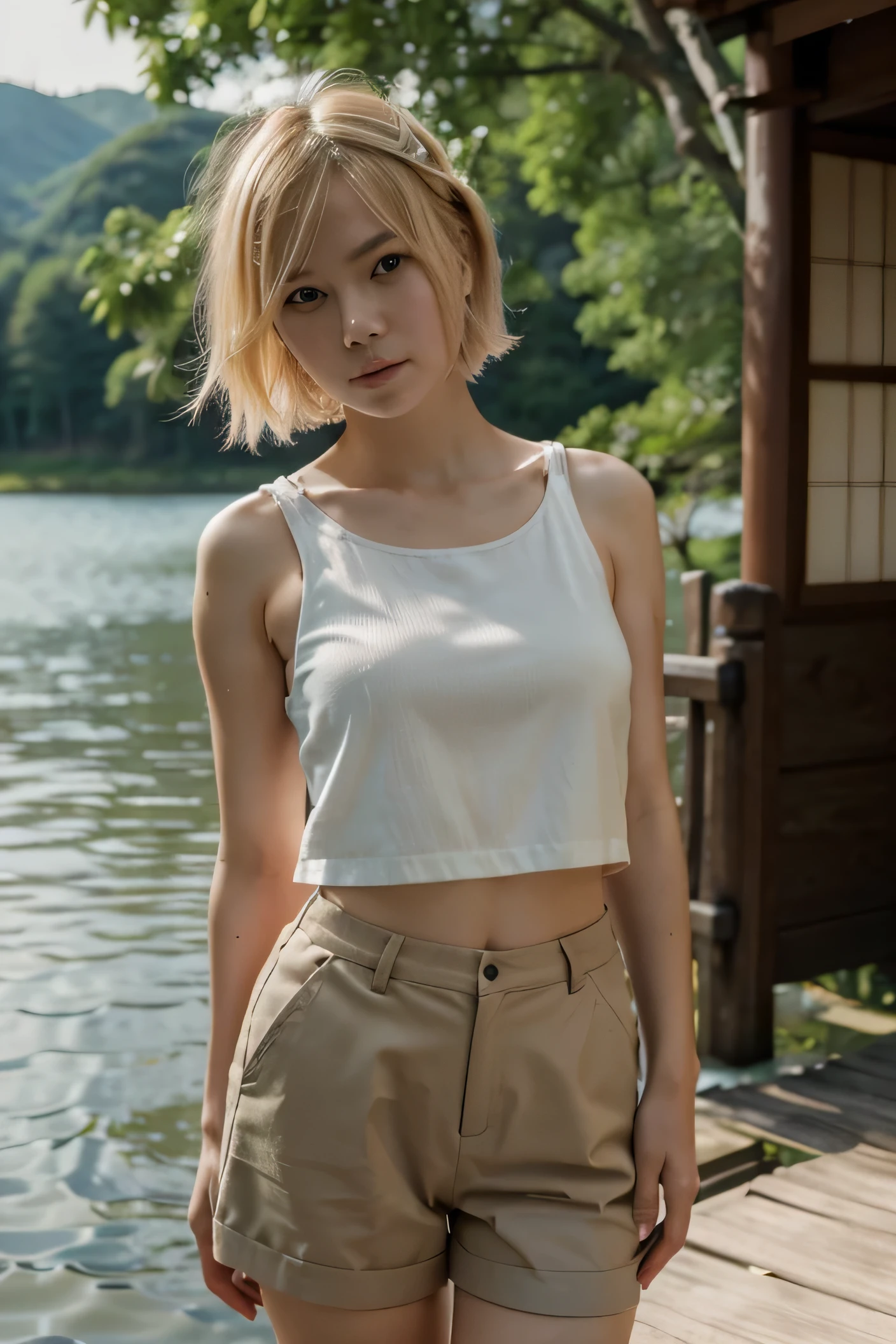japanese-russian girl with short blonde hair, blurry eyes, standing in front of lake