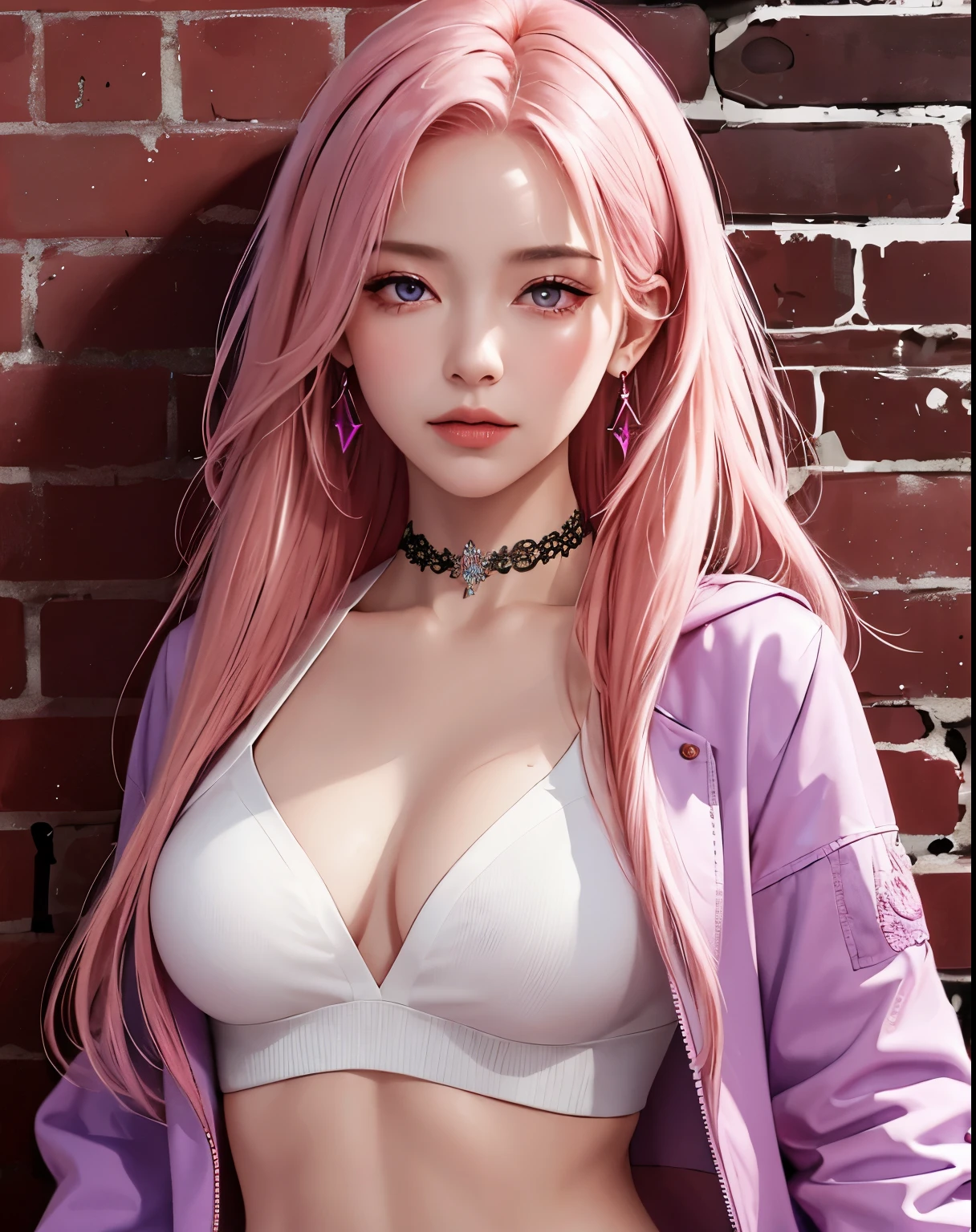 (masterpiece, best quality, 1girl, solo, intricate details, chromatic aberration), realistic, ((medium breath)),long hair, pink hair, red head ornament, pink highlights, hair over one eye,purple eyes, earrings, sharp eyes, choker, neon shirt, open jacket, crop top, (symmetry eyes),(perfect symmetrical body),against wall, brick wall, graffiti, dim lighting, alley ,look at viewer, nude