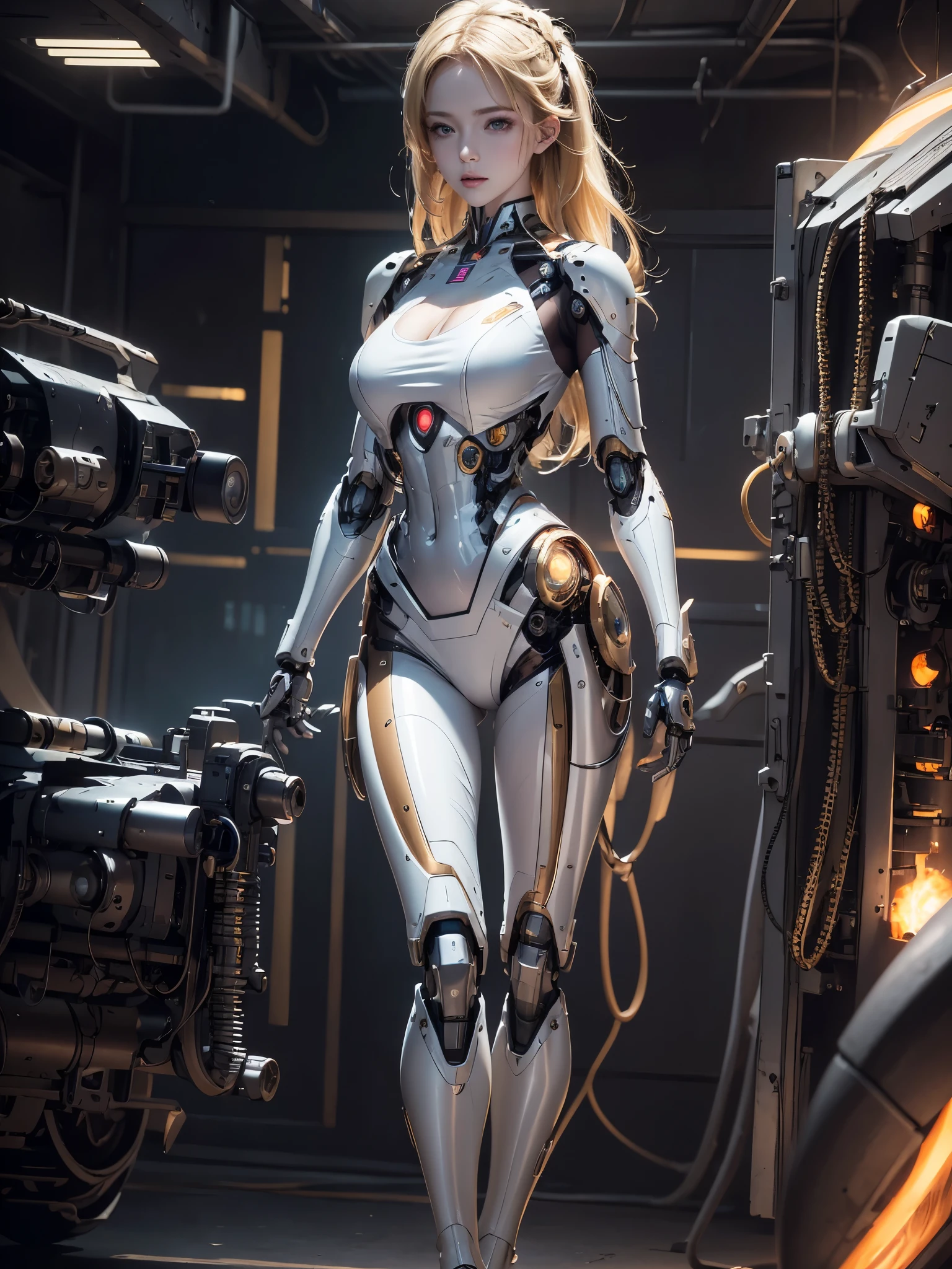 a cyborg girl, realistic cyborg girl, in the middle of battlefield, detail realistic, porcelain skin, very pale skin, very beautiful, blonde hair, some scratch on skin, some dents on mech, many mechanical body organs, expose chest and belly, hands and legs are cyborg full-body, background battlefield, some explosions and blast,Mecha body