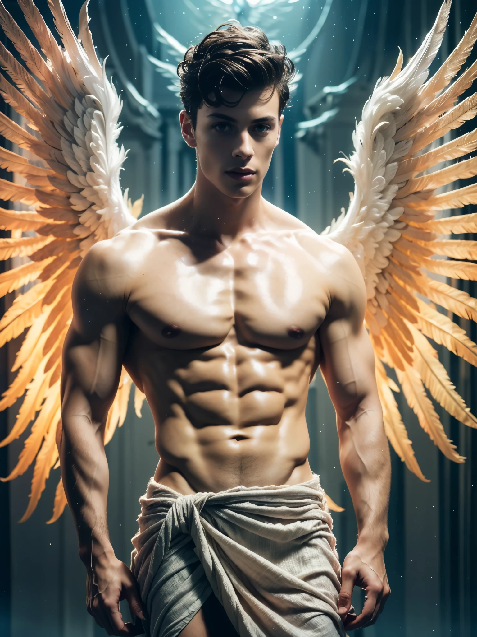Photorealistic, ((best quality)), ((masterpiece)), (detailed), shawn mendes, masculine portrait of young angel , 18-year-old male models, handsome, tall, cute looking, cute look, sweet look, powerful, young male, handsome model, clean shave, silver eyes. (blond:1.5), short curly messy blond hair, messy curly hair, short hair, super strong, muscular, fit, massive muscles, six pack, (shirtless:1.8), barechested, half-naked, topless, muscle, ripped, strong body, fit body, great chest, amazing arms, (massive maggestic angel wings:1.4), (angelic halo :1.4), (linen draped cloth skirt:1.4), heaven gates in the background, (heavenly background:1.3) 8k, high detailed, ultra-detailed, Stylish Pose, real skin texture, dark cinematic lighting