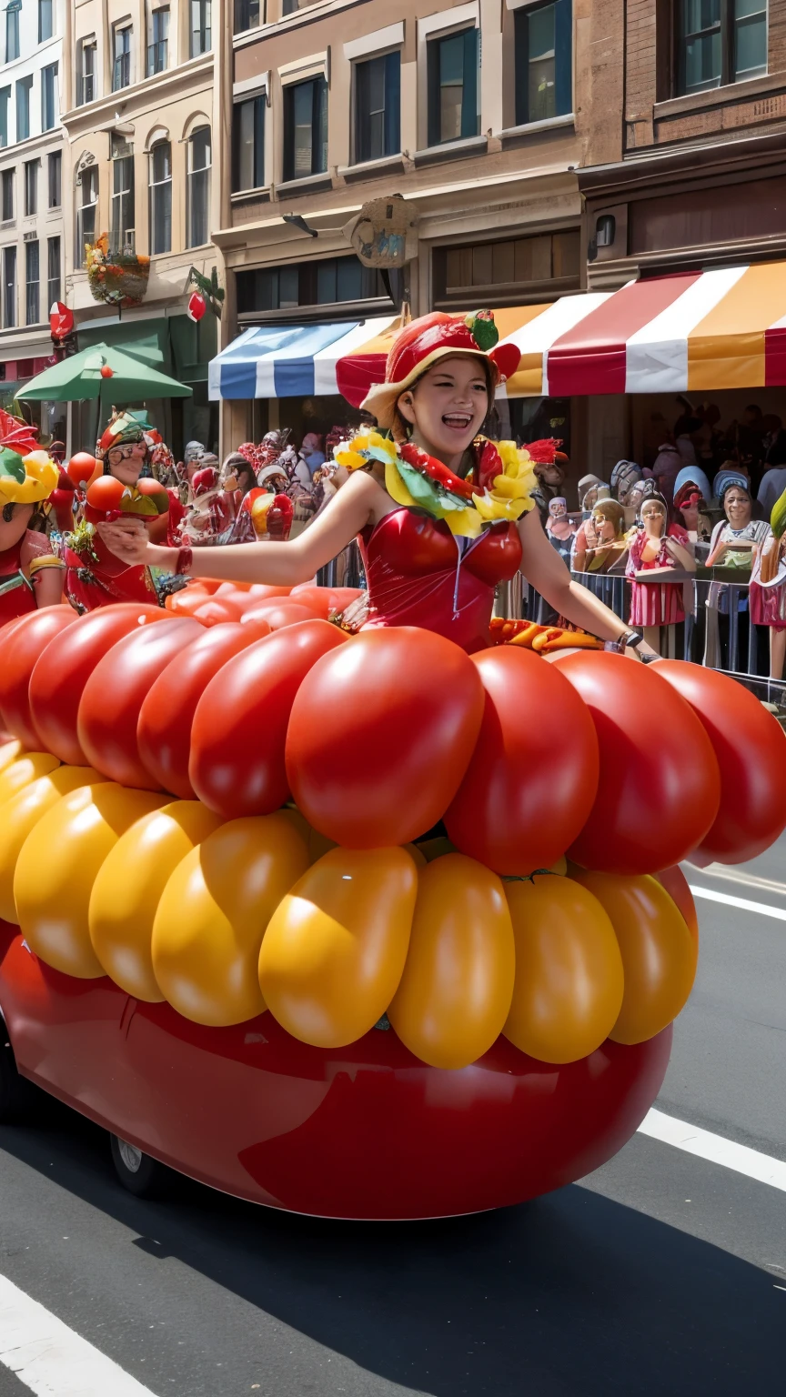 Capture the excitement of a tomato-themed parade, featuring creatively decorated floats and participants in colorful costumes.