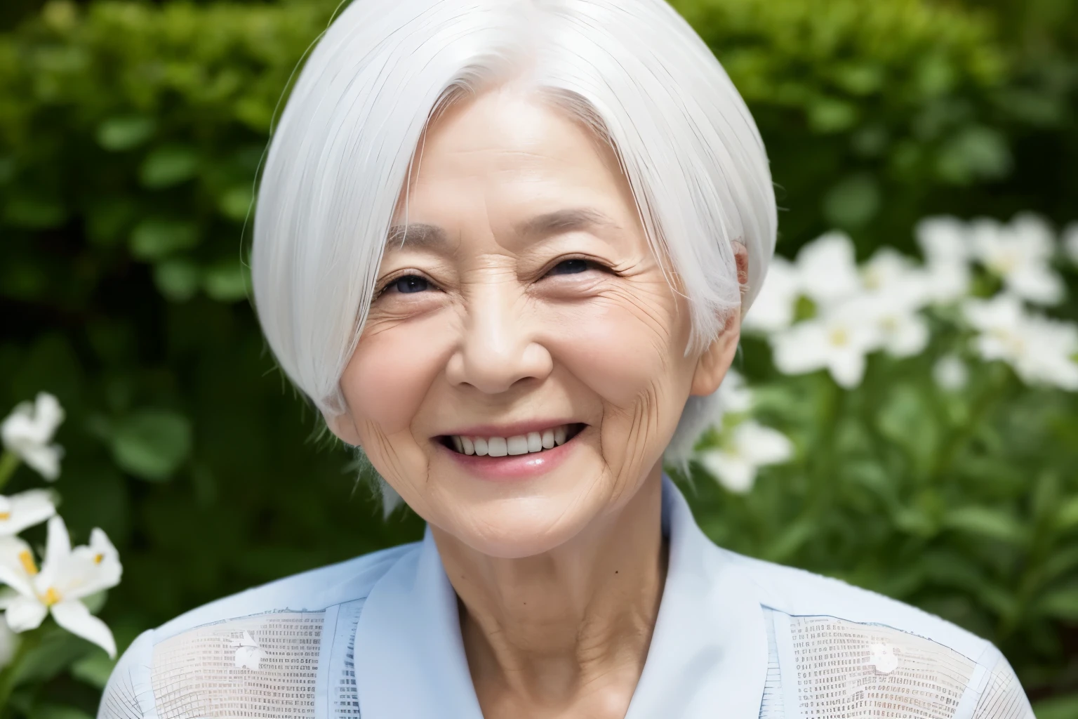 old woman, 90 years, white hair, smile, high detailed real skin, japanese, hospital, walking, high quality, masterpiece,