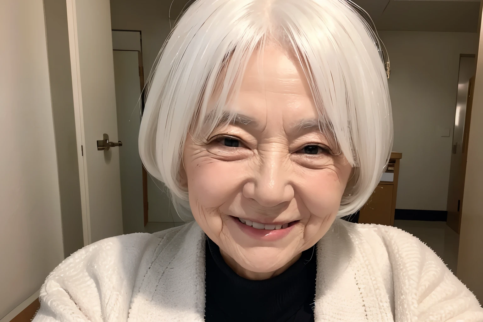 old woman, 90 years, white hair, smile, high detailed real skin, japanese, hospital, walking, high quality, masterpiece,