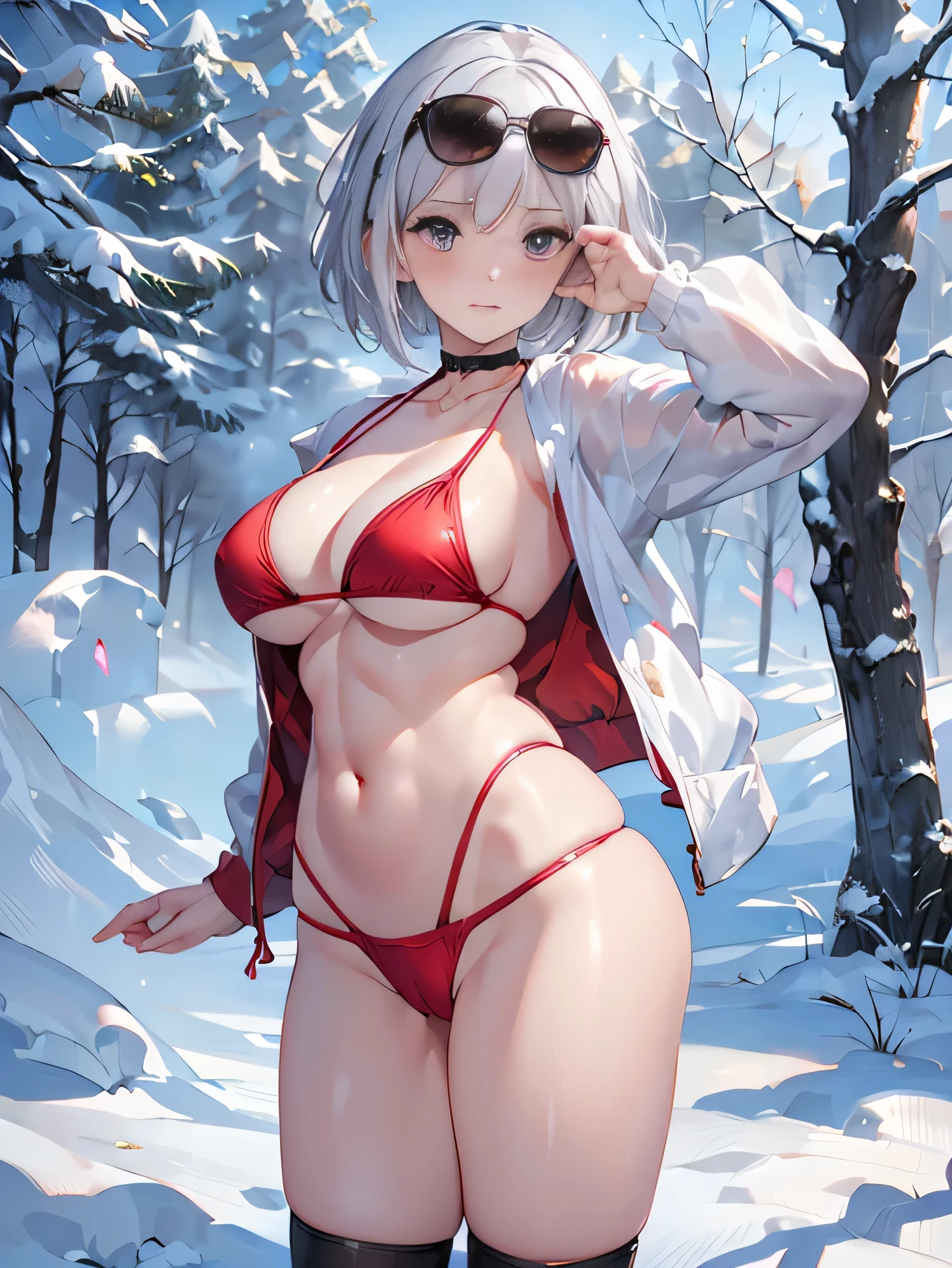 (photorealistic:1.5, highest quality,masterpiece,High resolution,muste piece),snow mountainに立つ1人の23歳の女性,(Red string bikini swimsuit:1.5,sunglasses:1.5,Down jacket:1.3,choker,boots), beautiful skin, (looking at the camera:1.2),(Photo seen from the front bottom:1.3),(Short Hair:1.2,bright platinum hair:1.5), expression( Gleeful:1.3,blushing:1.3),Pause( standing, legs, stretch legs,Seductive pose:1.5),background(snow mountain:1.5,Forest),(slender, abs:1.2), (Underwear visible through clothing),(Butt visible through clothes),(detailed perfect face),normal hands:1.5,normal finger:1:5,normal feet:1.5,(cameltoe)