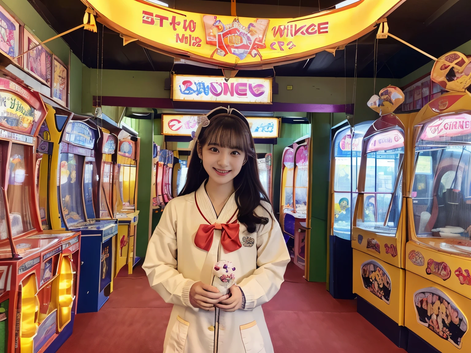 (8K, highest quality, masterpiece, ultra high resolution, super detailed:1.2) , Photo of Pretty Japanese girls,(mikey&#39;s ears:1.2),school uniform,smile and smile,
, (18-year-old:1.1), japanese idol,In the game center,(((A passageway with crane games on both sides))),Mainly stuffed animal crane games,UFO Catcher