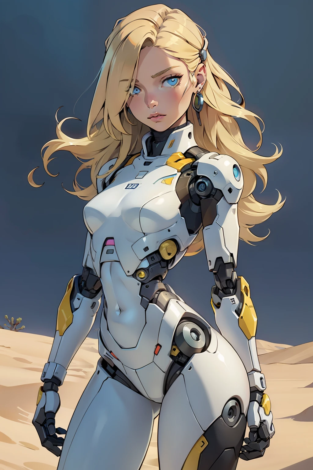 high quality, 4k, masterpiece, beautiful, cyborg girl, cowboy shot, dull eyes, looking at viewer, long blonde hair, girl, small breasts, fit thigh, robotic arms, robotic body, cyborg body, yellow accent, intricate detail, joint, detailed lines, robotic detail, holding fist up, holding hand up as fist, color robotic parts, robotic parts with color, perfect fingers, on a desert planet, sunny background, colorful desert,