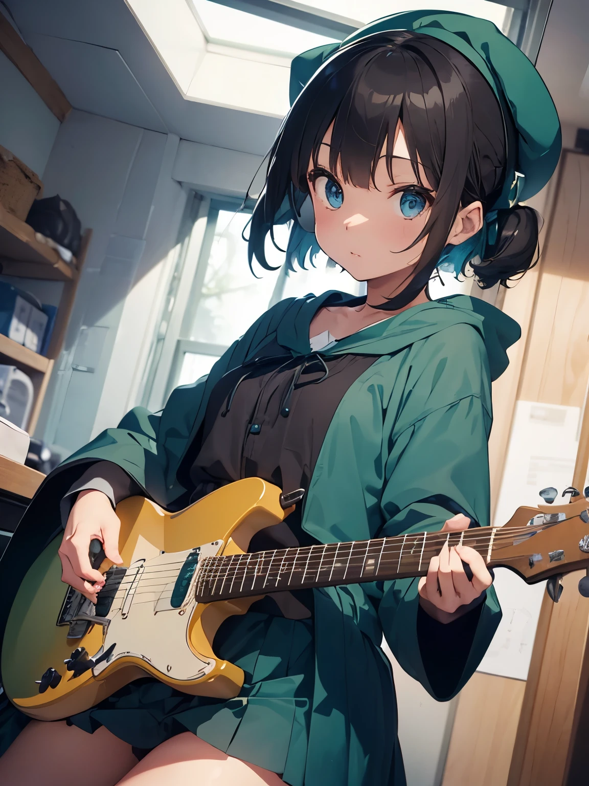 ((teenage girl))、green eyes、small breasts、short hair、Mixed brown hair、short hair、(green wizard hat)、a large blue ribbon on the head、Soio、green clothes、long sleeve、1 girl in red、solo、black skirt、blue eyes、electric guitars、headphones、holding、Hold Pick、meter、long hair、、music、one side up、teal hair、twin tails、plays the guitar、pleated skirt、black shirt、indoor neck、((blue wizard&#39;s robes wearing green))、standing