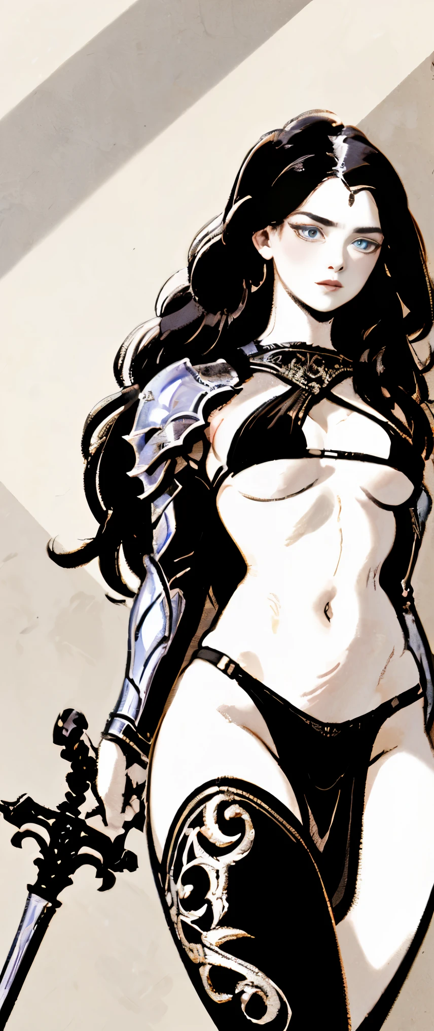 Ink Style Figure, a close up of a woman in armor holding a sword, bikini armor female knight, Outlined in black ink, the figure is depicted with smooth lines, expressing emotions and posture through the contrast of ink density. The background is minimalist, emphasizing light, shadow, and spatial perception, extremely detailed artgerm, black and white,