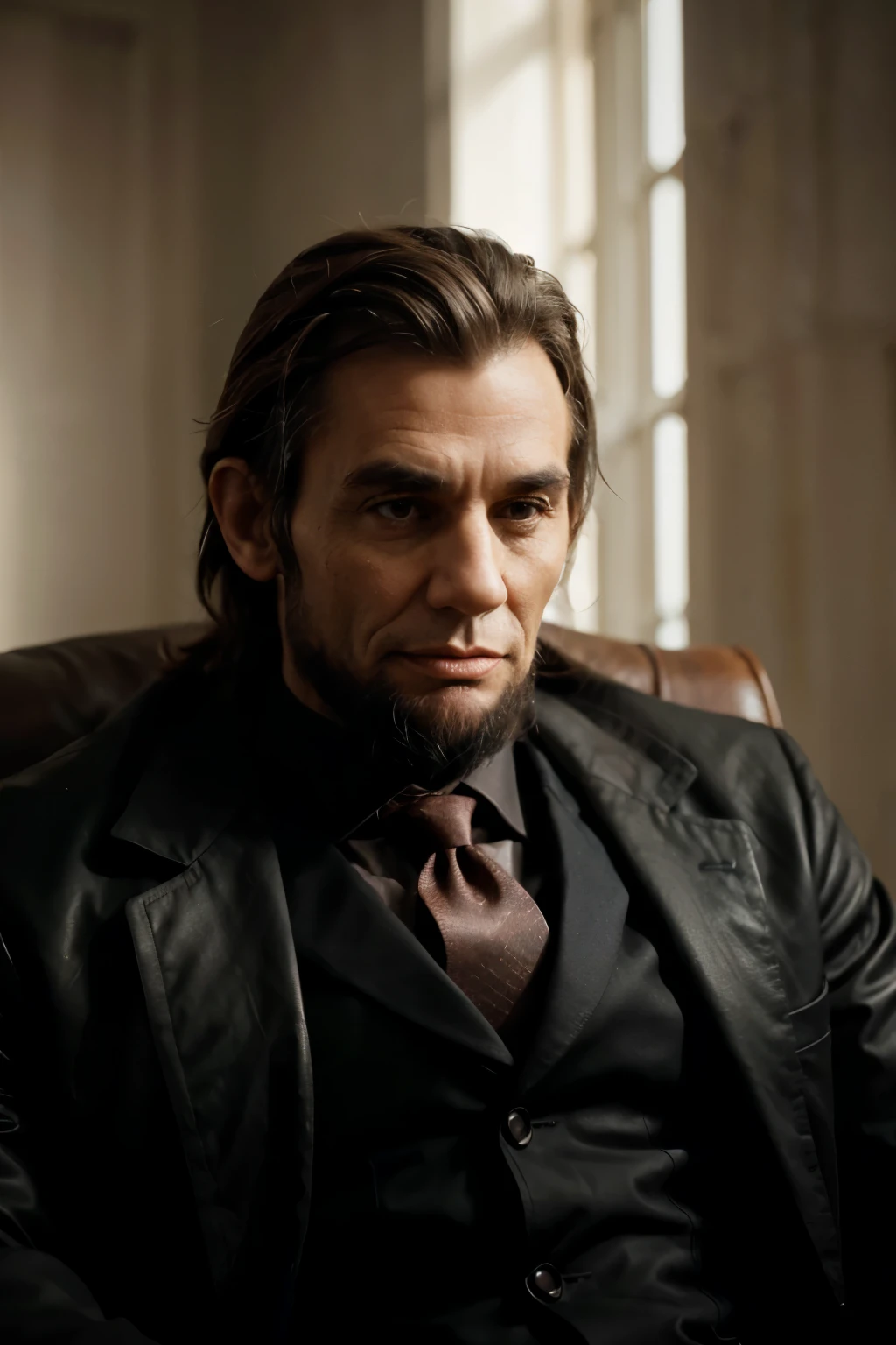 The image is captured at an extremely high resolution, allowing every wrinkle and lineage on Lincoln's face to be clearly visible. Every strand of hair is accurately reproduced, highlighting his characteristic beard and distinctive hairstyle. Dramatic lighting creates subtle contrasts between light and shadow, adding depth and dimension to your figure. Os olhos de Lincoln brilham com uma intensidade cativante, conveying your determination and conviction. The texture of the leather chair is so detailed that you can almost feel its smoothness to the touch. The blurred background exudes a sense of seriousness and importance, colocando todo o foco na figura imponente de Lincoln. Every aspect of the image is meticulously rendered to create an ultra-realistic and immersive representation of the iconic historical leader.