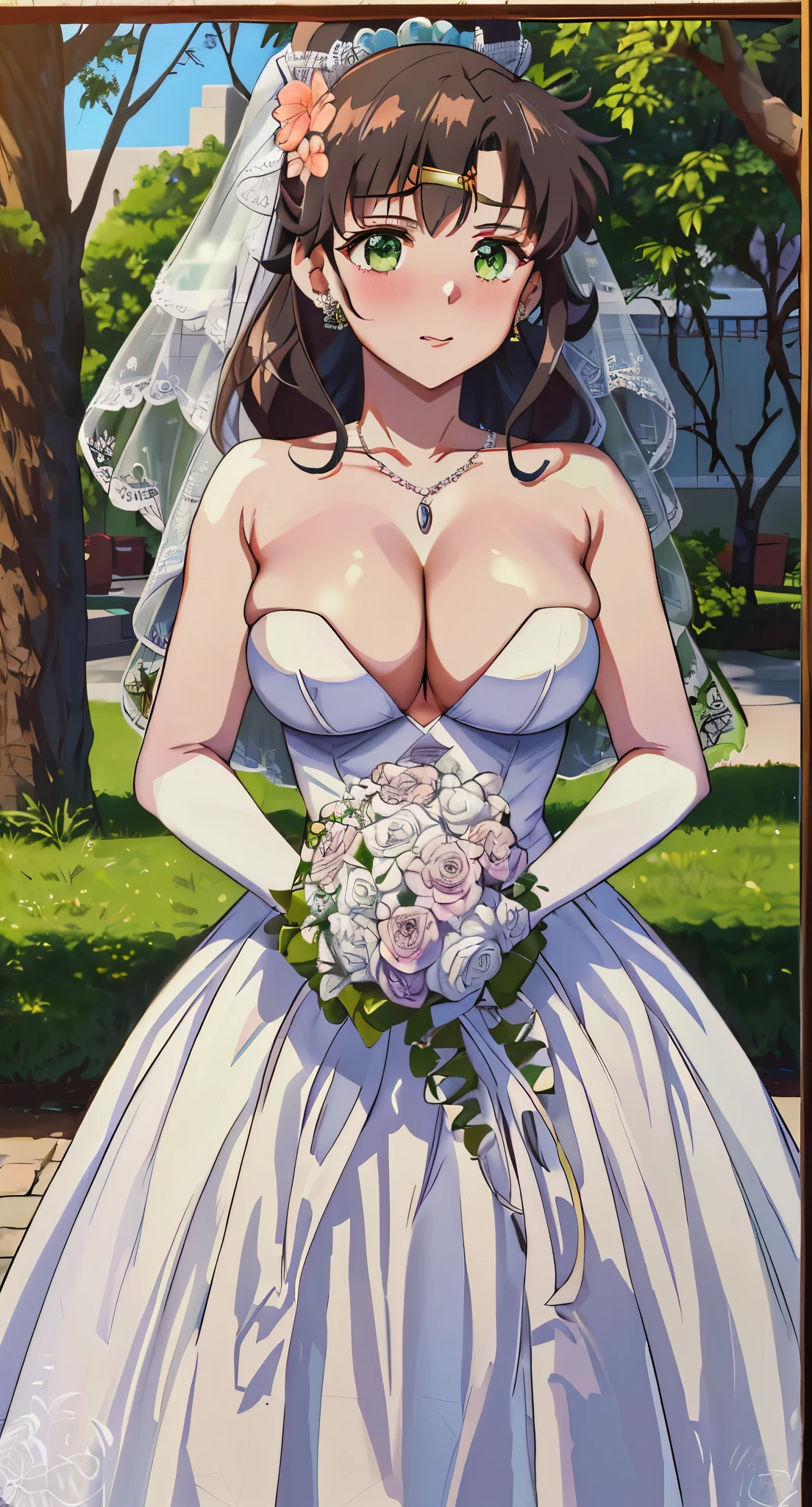 hmjupitet,tiara,green eyes,ponytail,makoto_kino,sailor_jupiter,
1 girl, 20 years old,young women,Close-up of beautiful bride wearing beautiful bridal dress,Guwitz,(Transparent short veil:1.5),Blushed,Head flower,headgear,(bandeau wedding dress:1.5),(Silk dress:1.2),(Strapless wedding dress:1.5),pure white dress,necklace,earrings,(large breasts:1.3),Deep V peach heart collar wedding dress,through bangs,lipstick,(lace gloves:1.3),