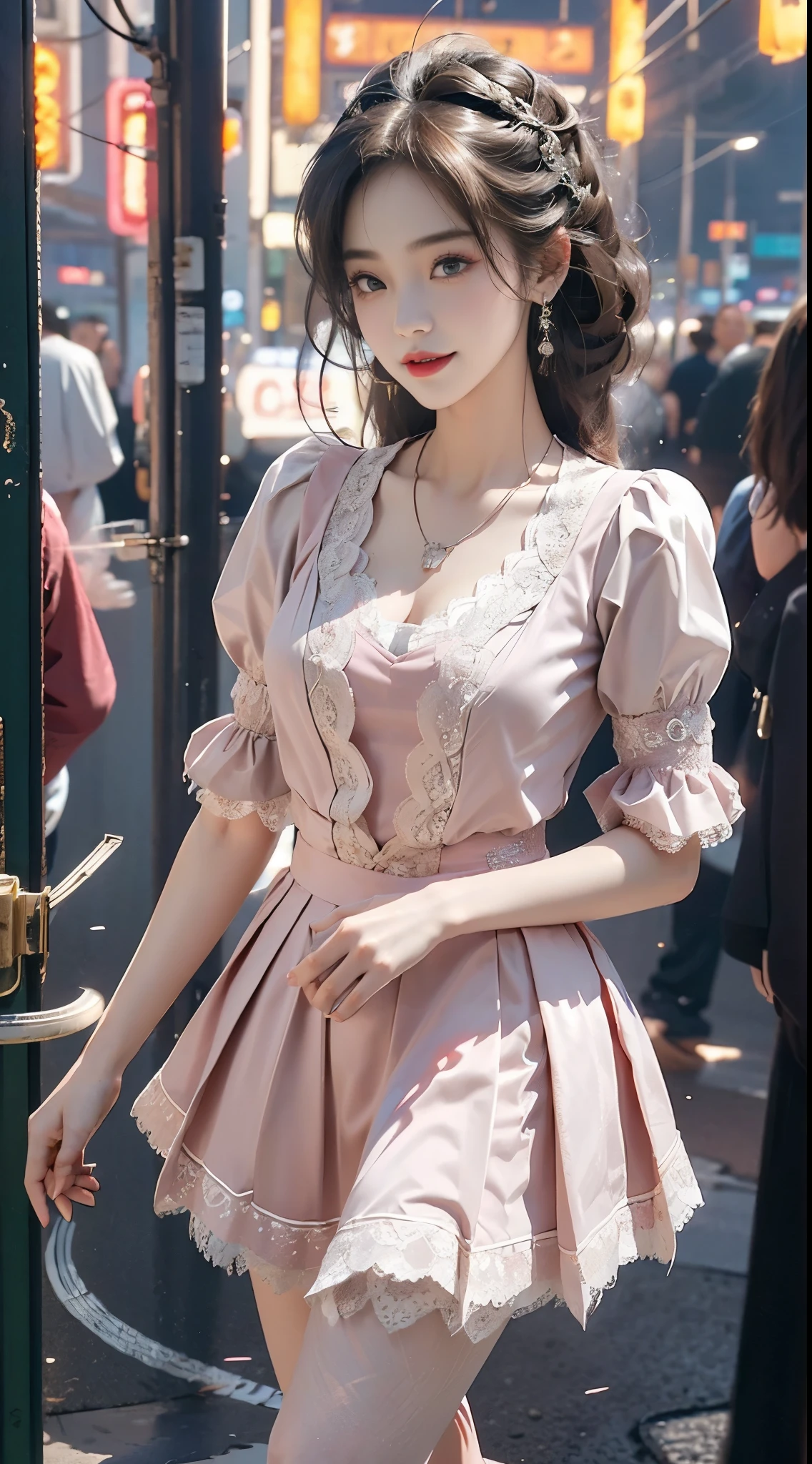 pleated skirt,pink skirt,pink sailor collar, ((knee shot)), 8k, masterpiece, original photo, best quality, detail:1.2), ((Shoot at random angles)), lifelike, Extremely detailed CG unified 8k wallpapers, depth of field, film light, lens flare, Ray tracing, (extremely beautiful face, beautiful lips, beautiful eyes), intricate detail face, ((ultra detailed skin)) 1 girl, in the darkness, deep shadow, Beautiful Korean girl, kpop idol,(Very slim and slender figure:1.3), A plump chest, (bright smile), (City night, (neon sign), (night), Beautiful Korean girl, white diamond earrings, Diameter bracelet, Dia necklace, pantyhose, clear eyes, walk, (big eyes), ((Lace's))